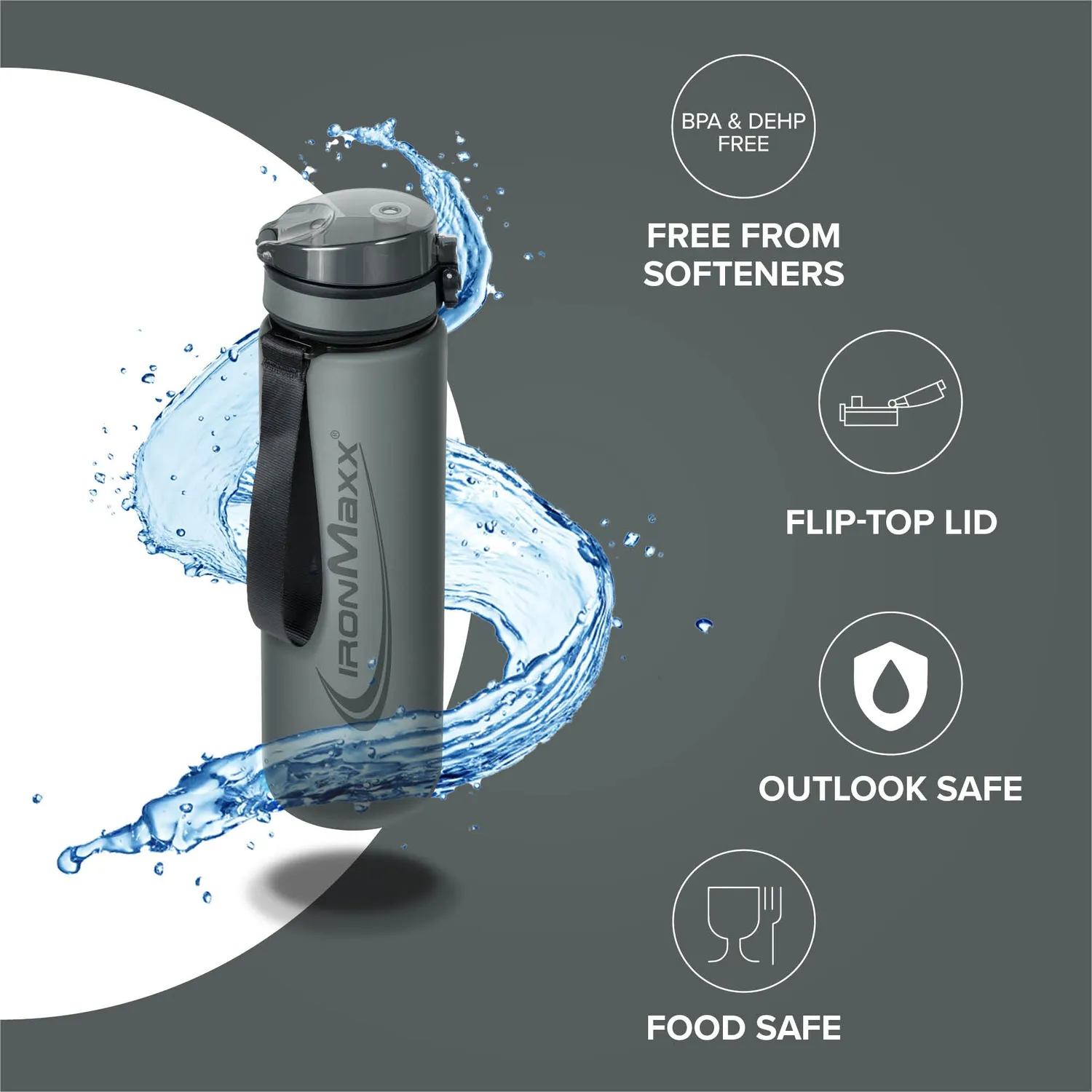 IronMaxx Sport Water Bottle Trinkflasche 1000ml Ash Grey