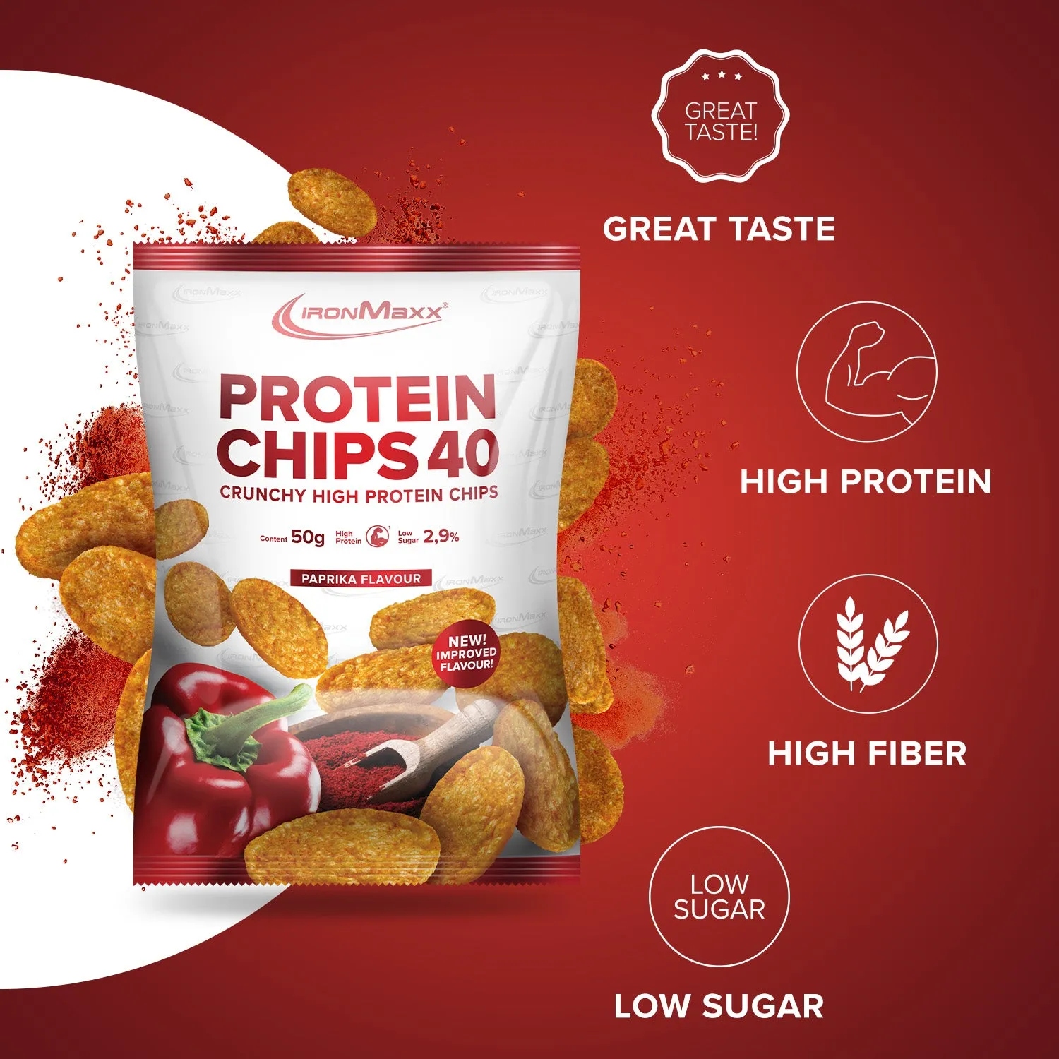 IronMaxx Protein Chips 40 Protein Snack 50g Paprika gebacken