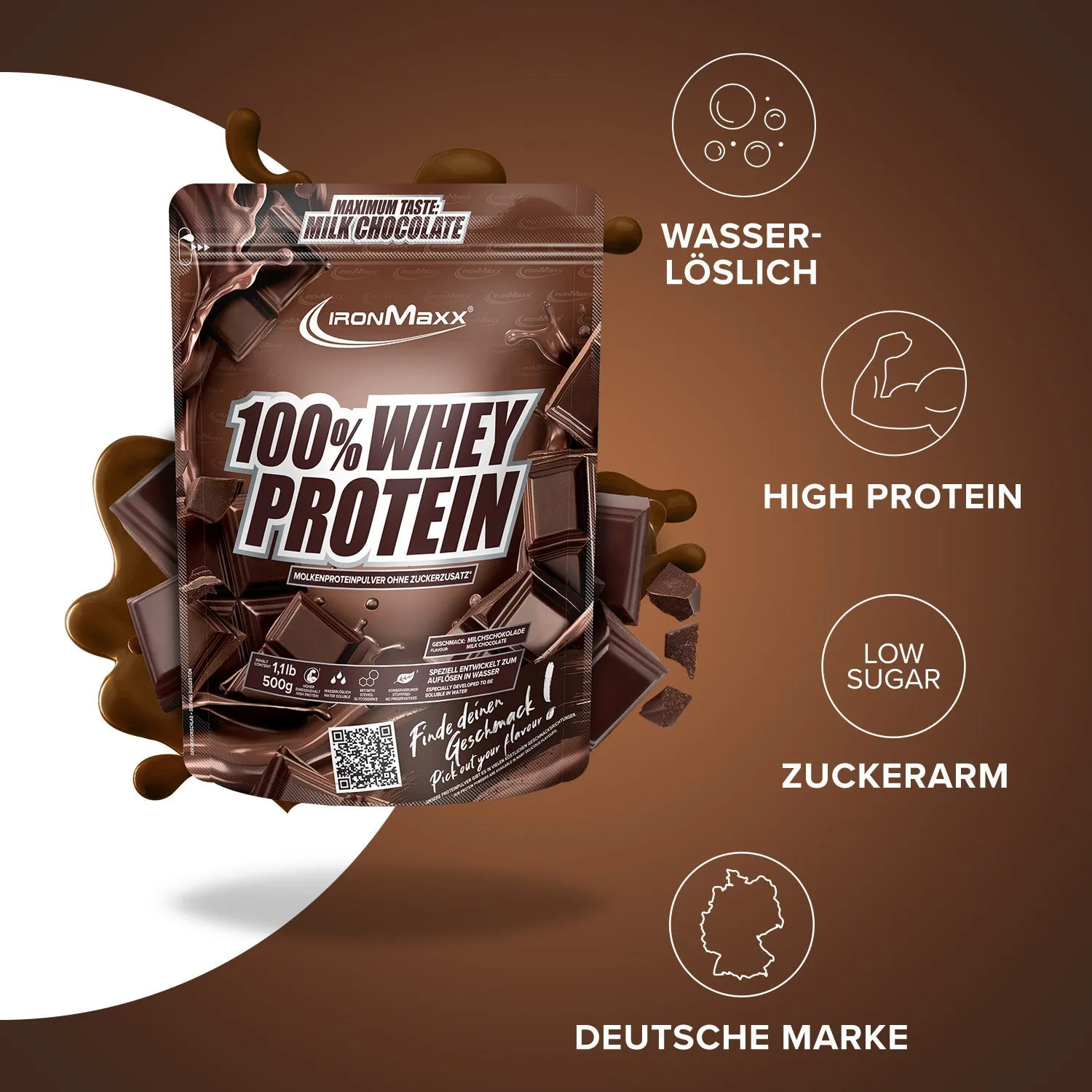 IronMaxx 100% Whey Proteinpulver Milchschokolade 500g zuckerfrei