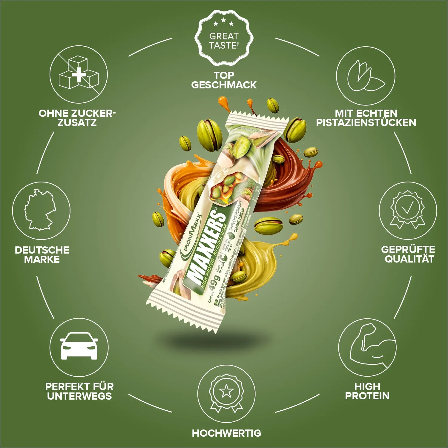 IronMaxx Maxxers Proteinriegel 49g White Choc Pistachio Caramel zuckerarm