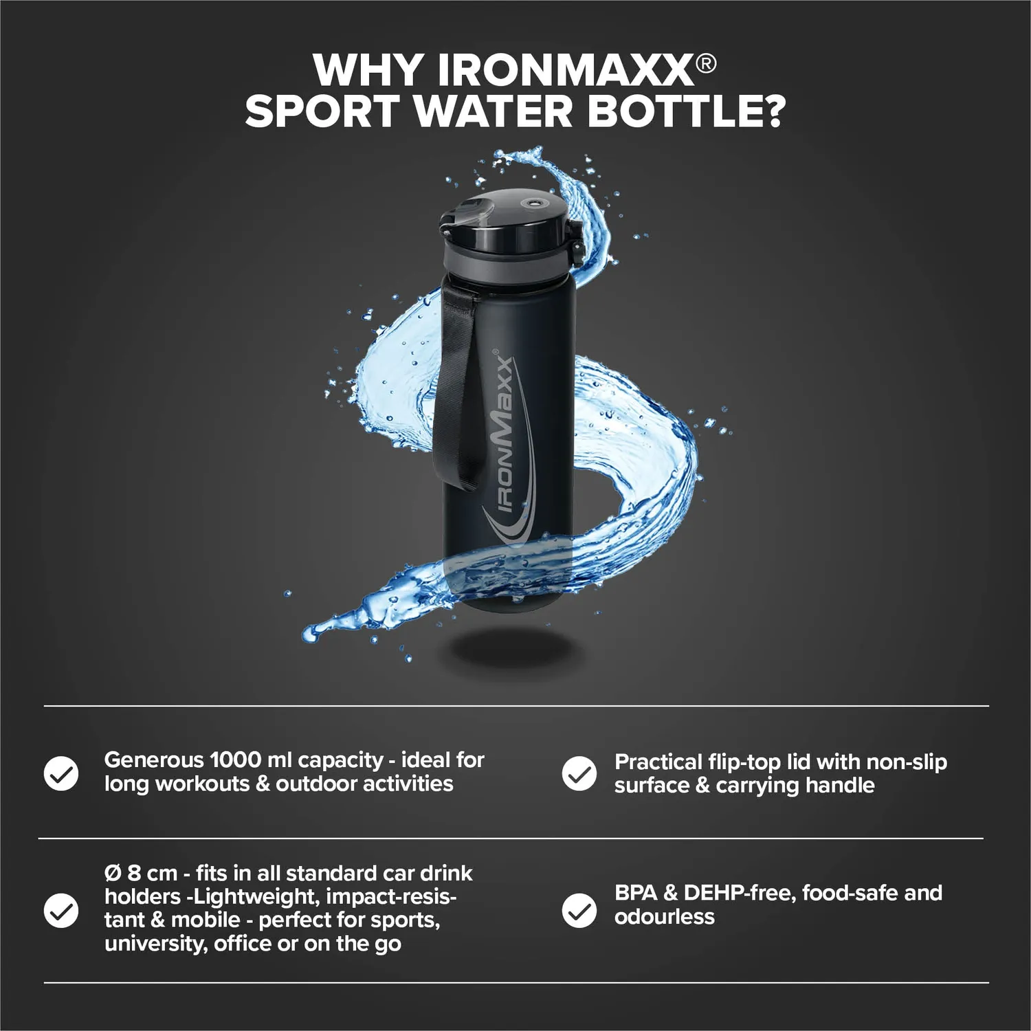 IronMaxx Sport Water Bottle Trinkflasche 1000ml Deep Black BPA-frei