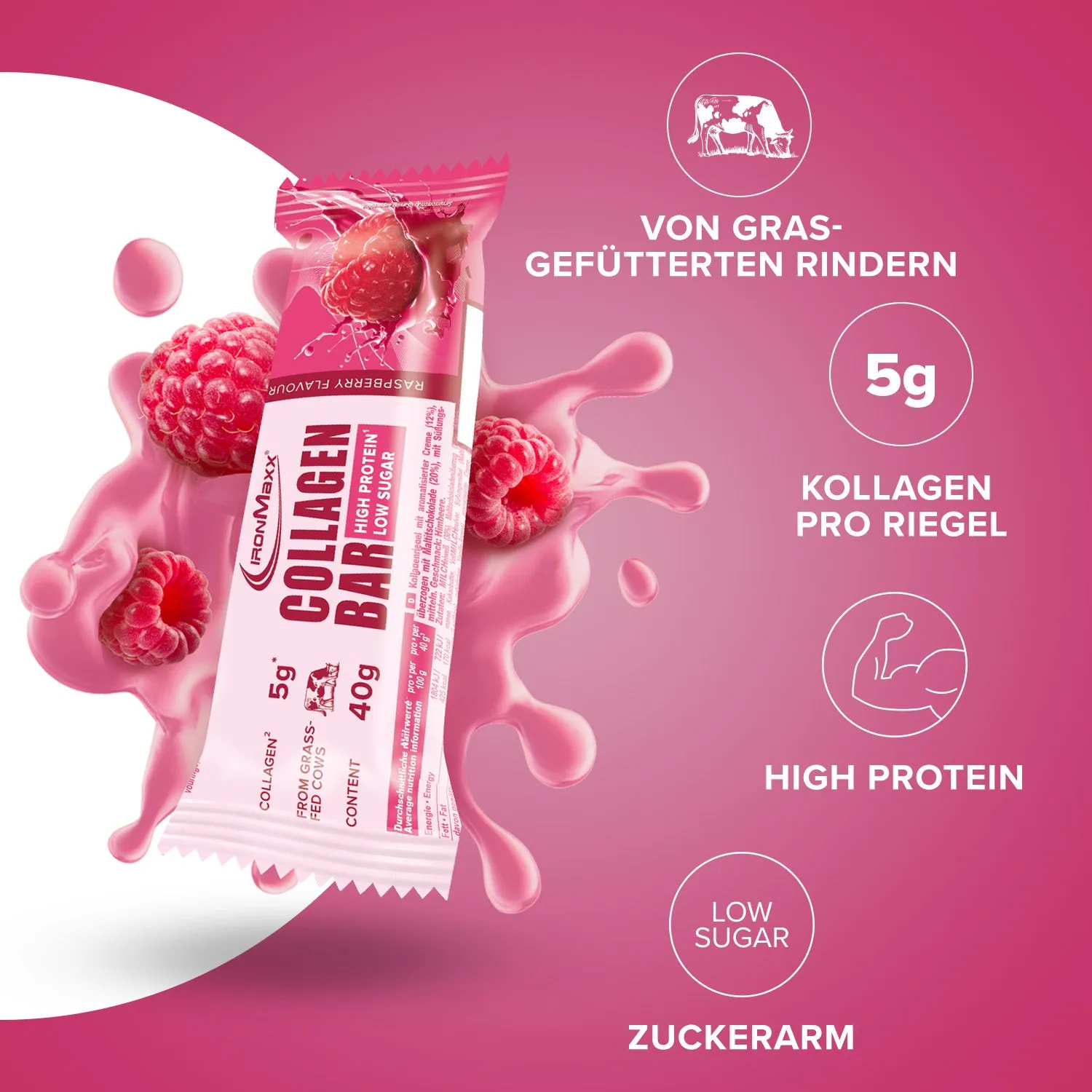 IronMaxx Collagen Bar Proteinriegel Raspberry 12x40g zuckerarm