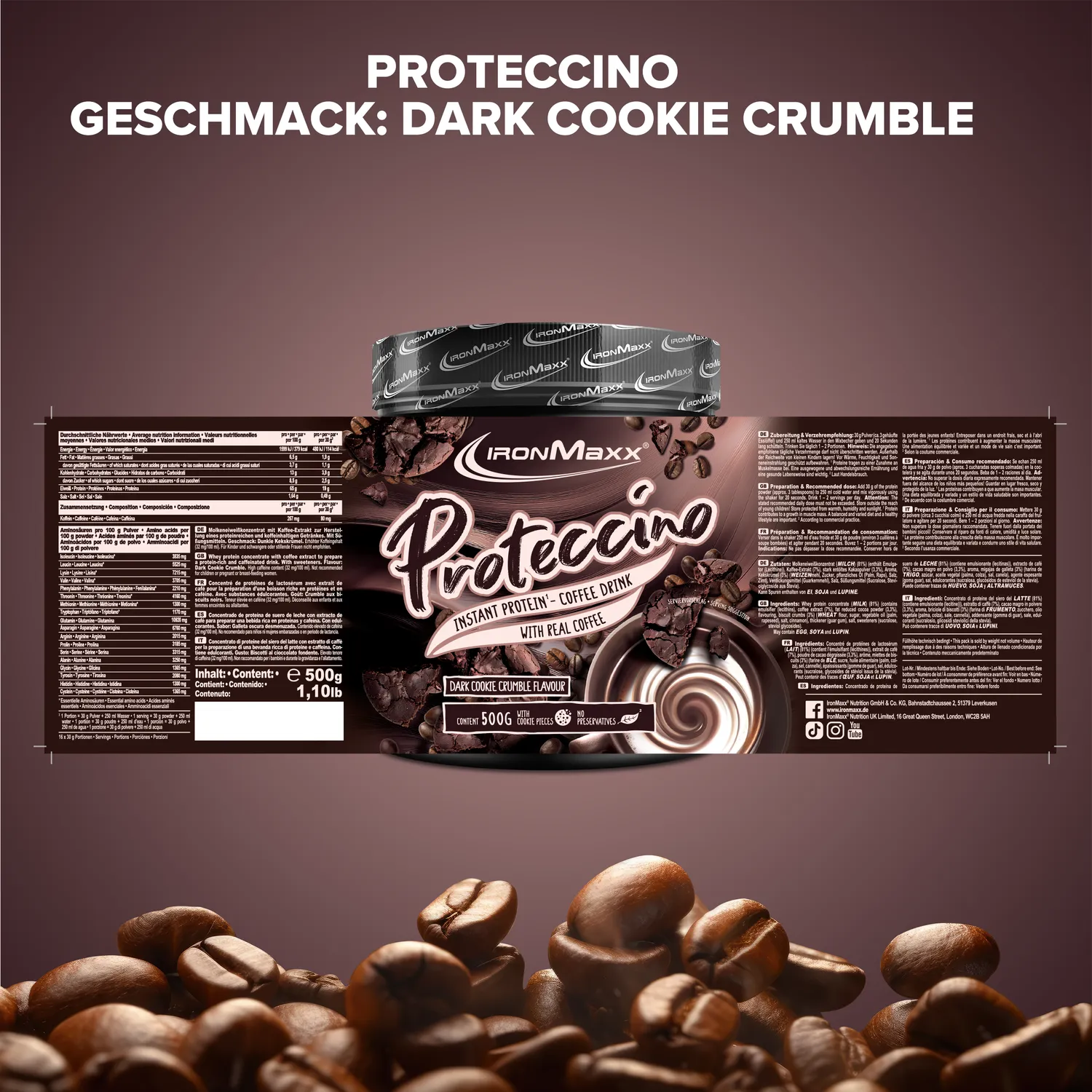 IronMaxx Proteccino Dark Cookie Crumble Protein Pulver 500g Kaffee
