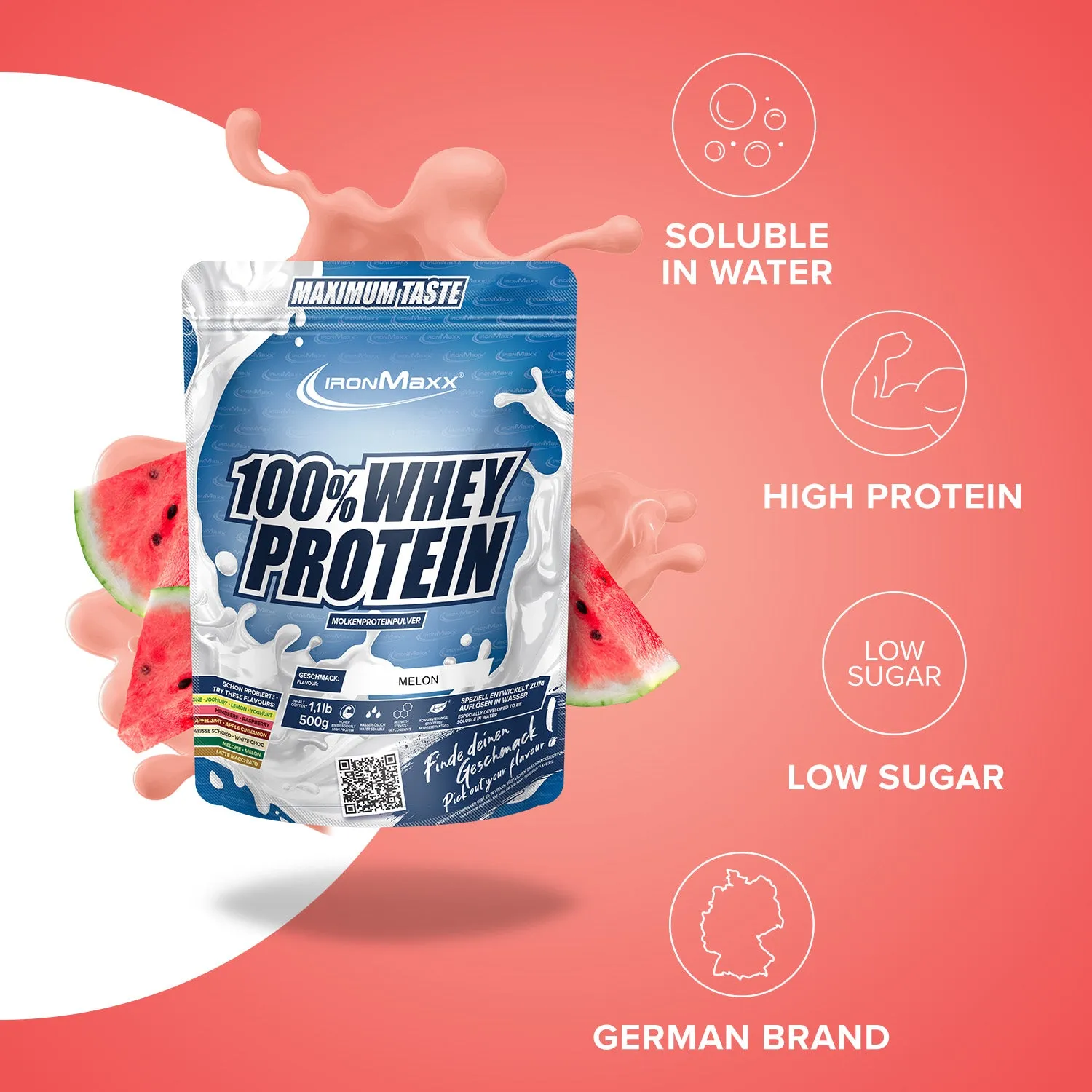 IronMaxx 100% Whey Protein Pulver 500g Melone zuckerfrei