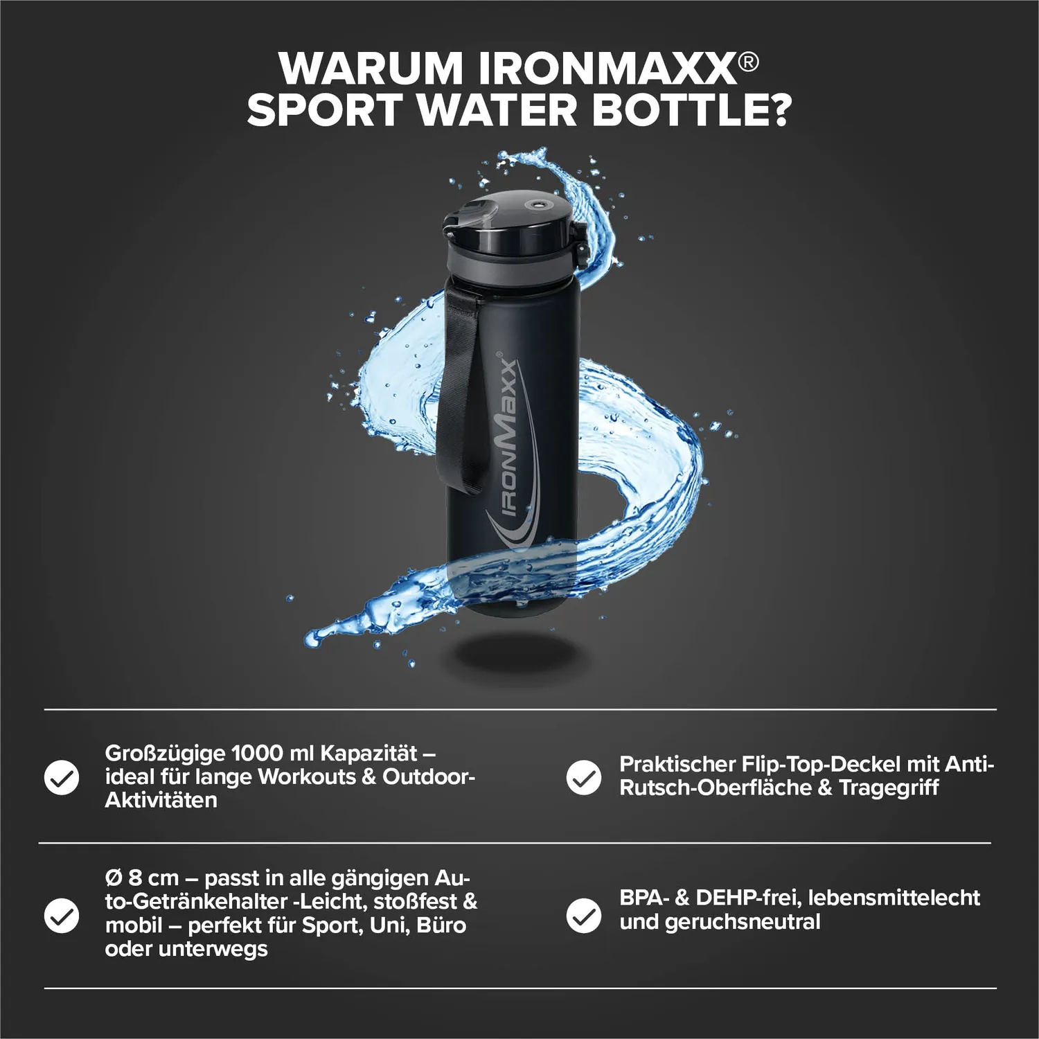 IronMaxx Sport Water Bottle Trinkflasche 1000ml Deep Black BPA-frei