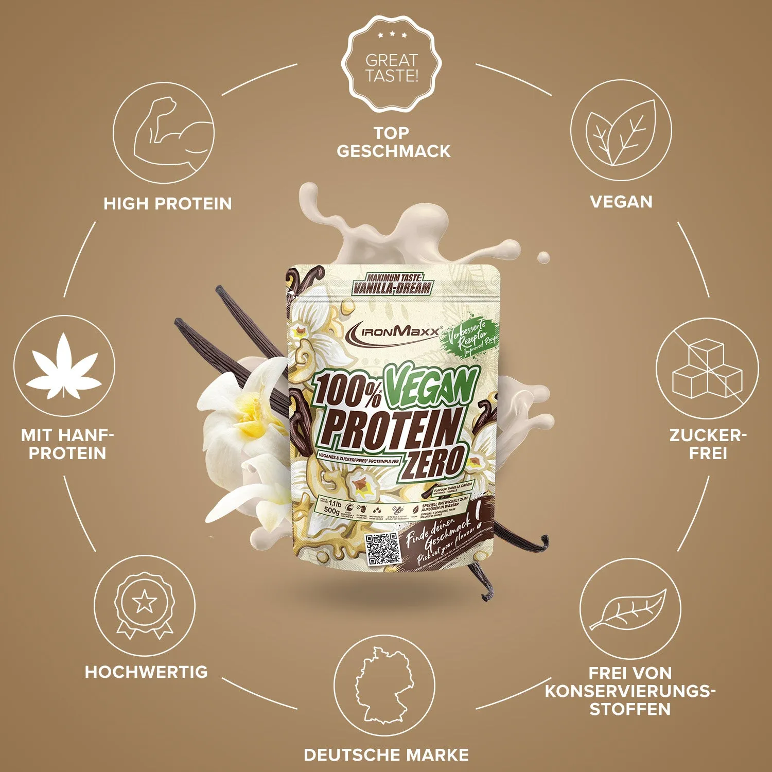 IronMaxx 100% Vegan Protein Zero Proteinpulver Vanilla Dream 500g zuckerfrei