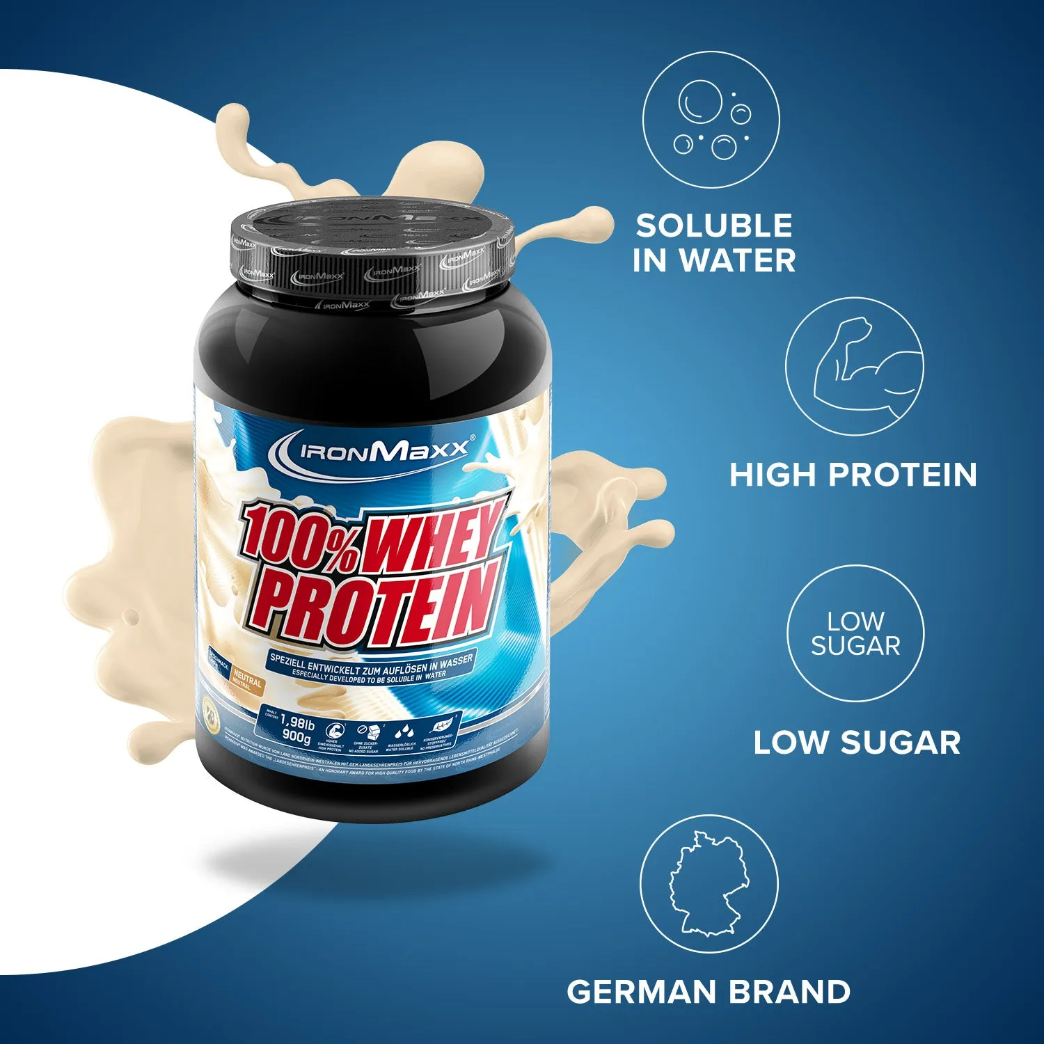 IronMaxx 100% Whey Protein Pulver Neutral 900g vielseitig