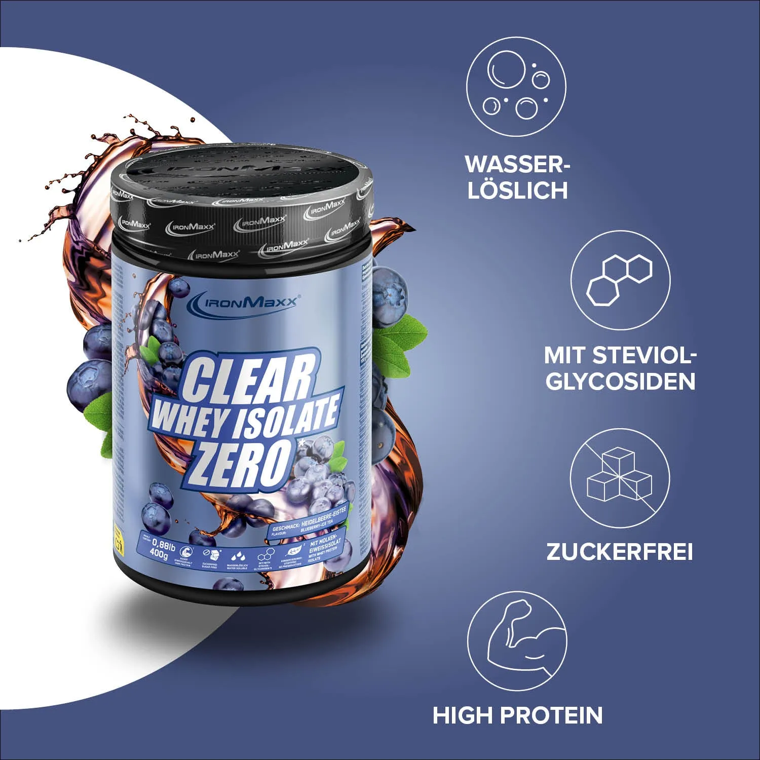 IronMaxx Clear Whey Isolate ZERO Proteinpulver Blueberry Ice Tea 400g zuckerfrei