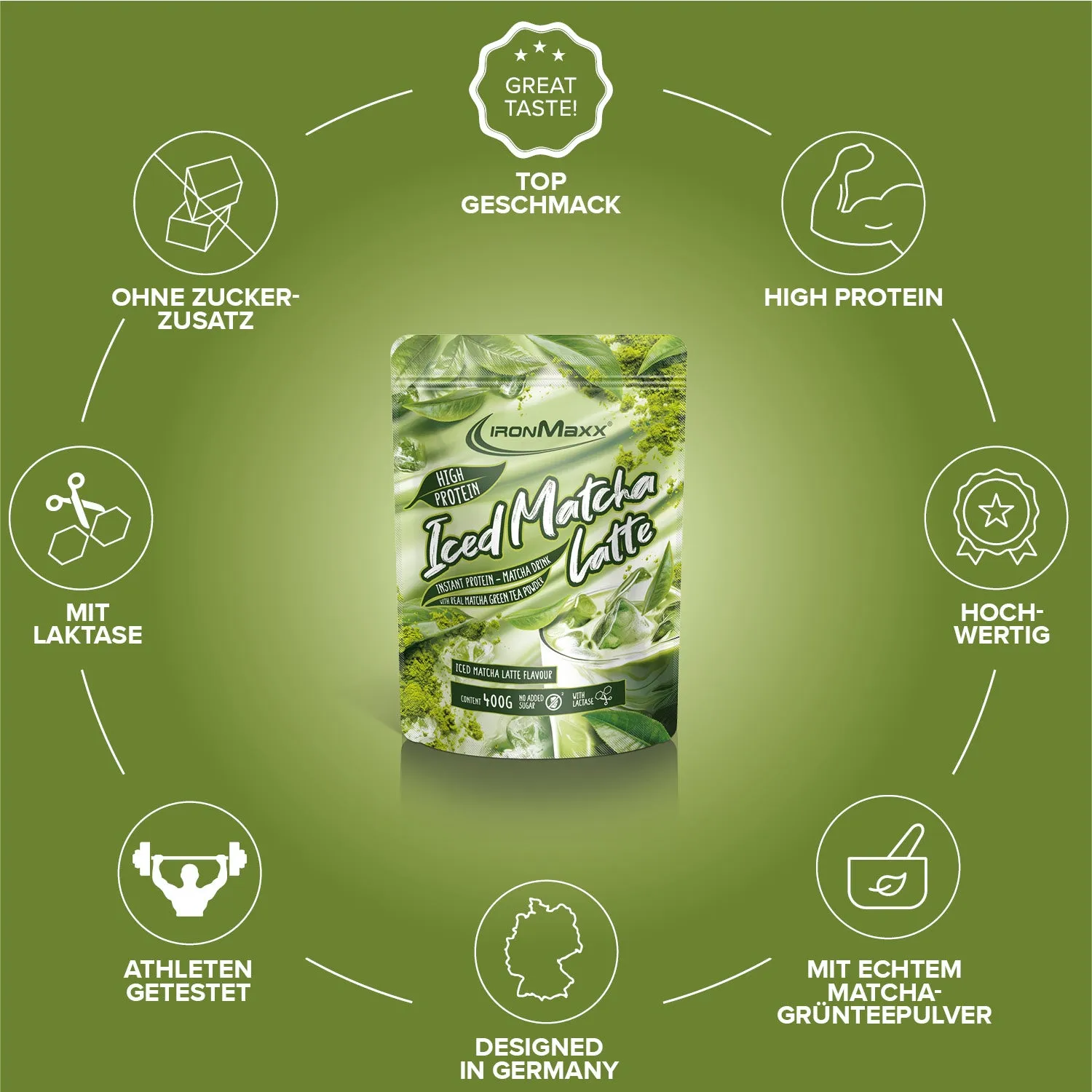 IronMaxx Proteccino Iced Matcha Latte Proteinpulver 400g