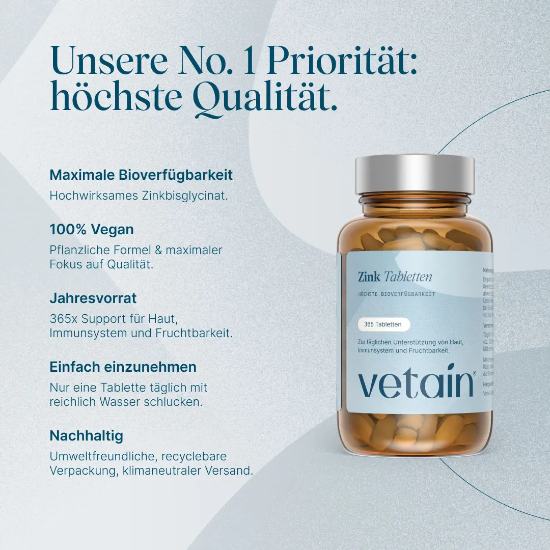 Vetain Zinkbisglycinat 25 mg hochdosiert Tabletten 365 Stück vegan