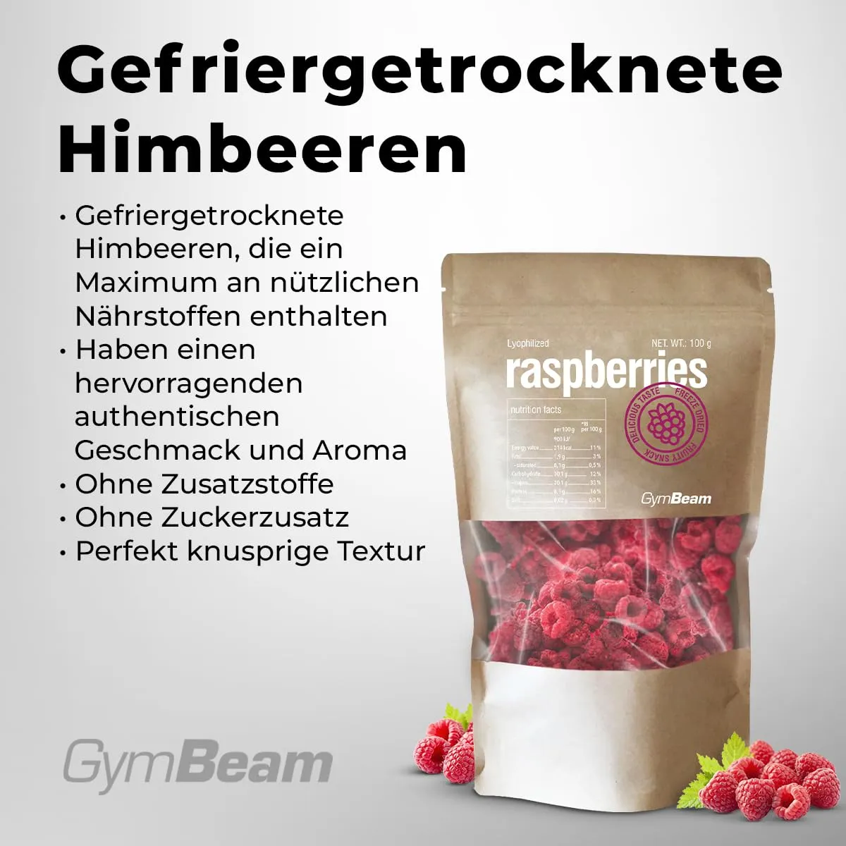 GymBeam Himbeeren gefriergetrocknet 100 g ohne Zucker
