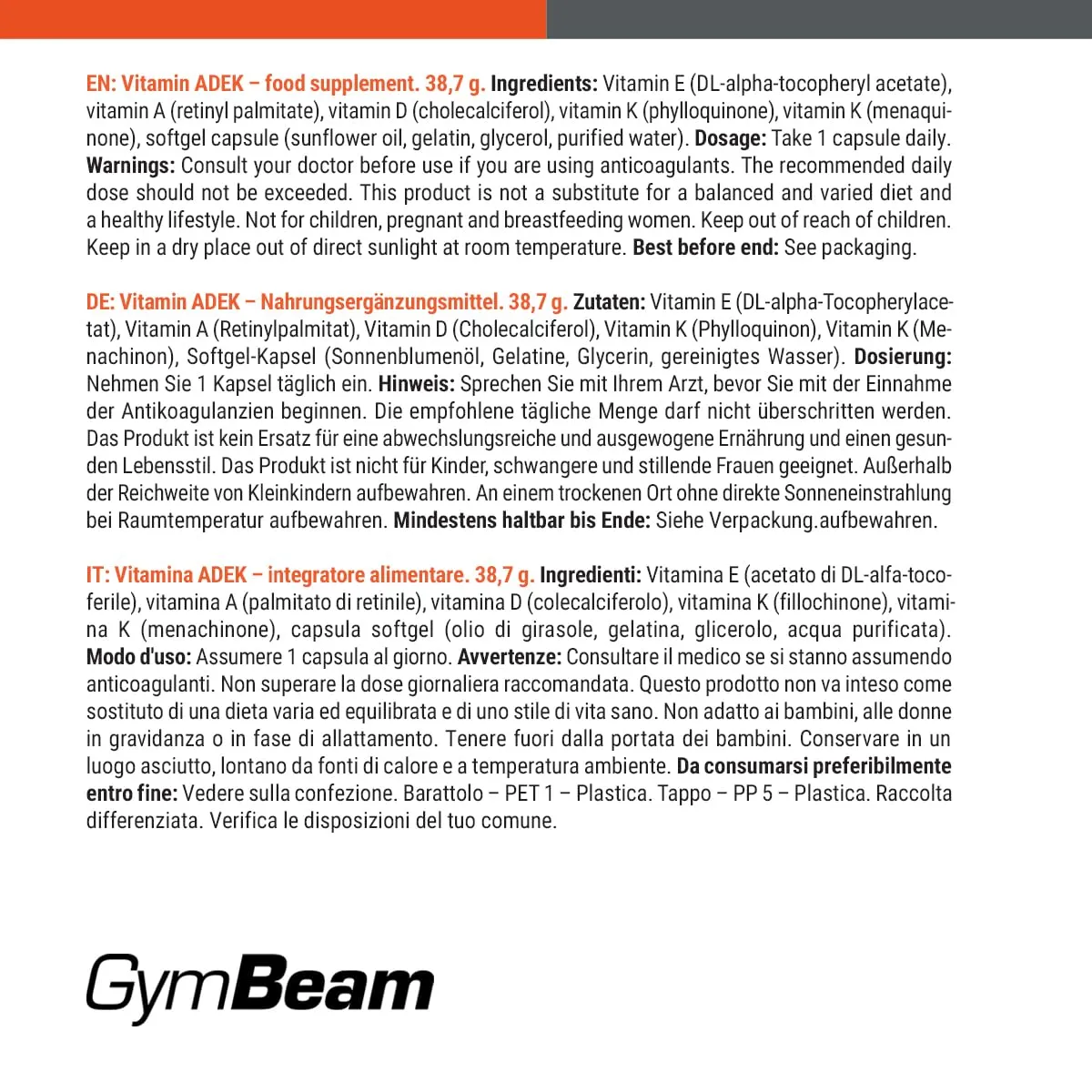 GymBeam Vitamin ADEK Kapseln 90 Stück fettlöslich
