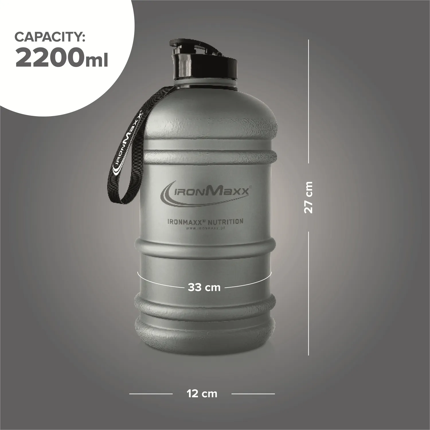 IronMaxx Water Gallon Trinkflasche Matt Solid Ash Grey 2200ml BPA-frei