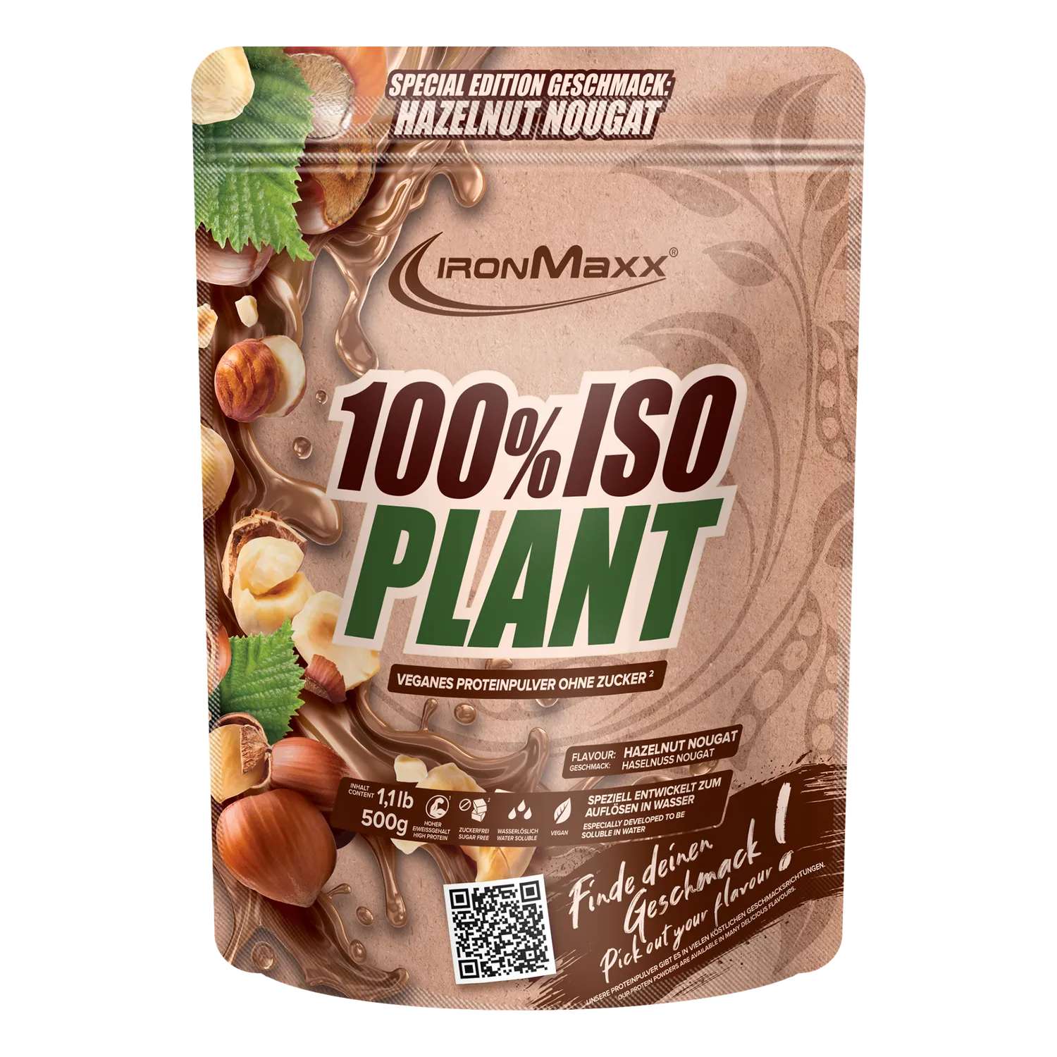 IronMaxx 100% Isolat Plant Pulver 500g Hazelnut Nougat vegan