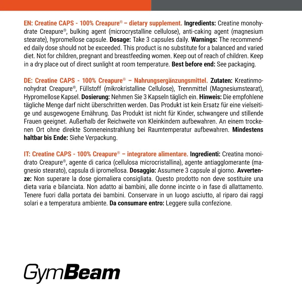 GymBeam Creatin Creapure Kapseln 120 caps