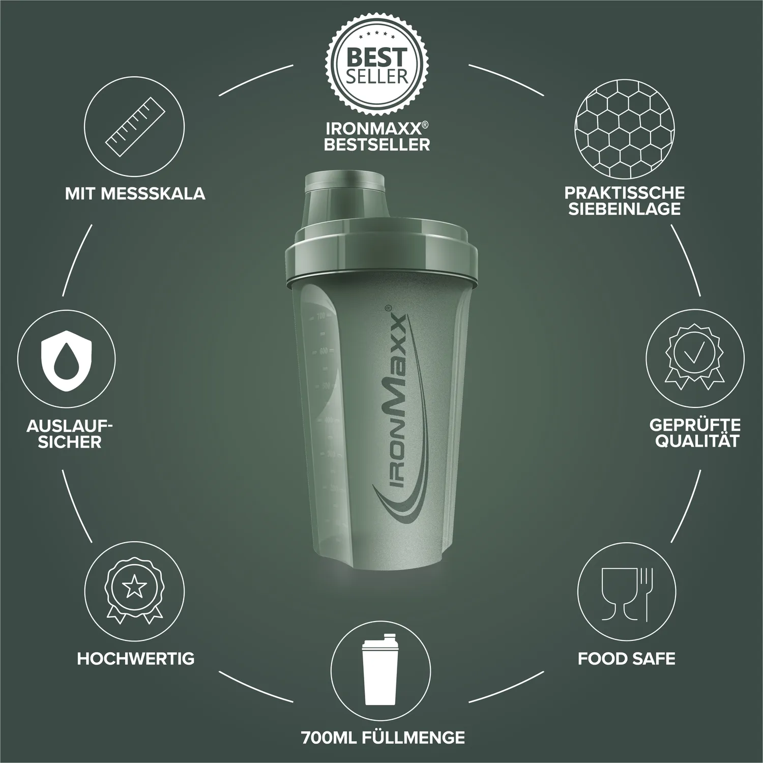 IronMaxx Shaker Mineral Green 700ml BPA-frei Sieb