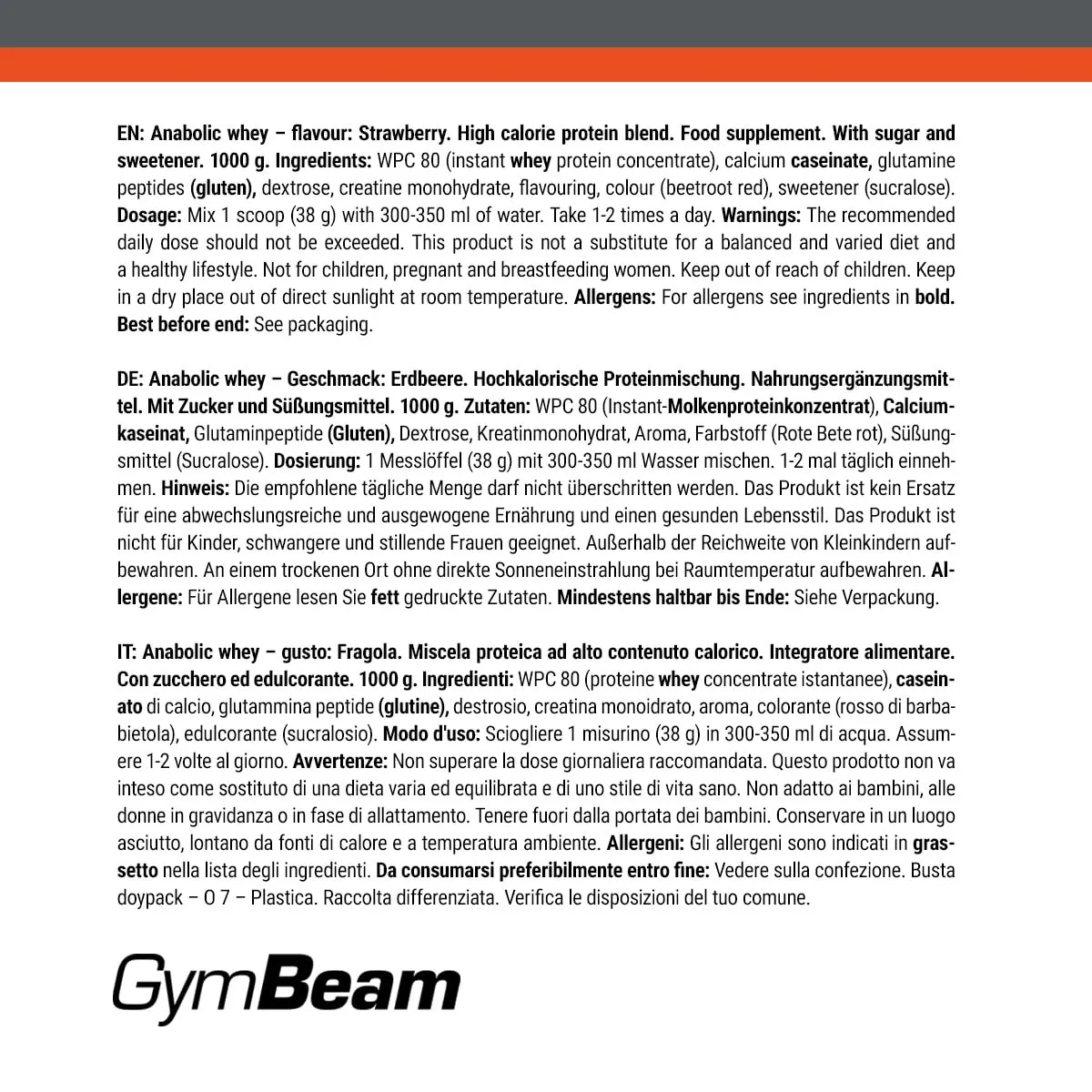 GymBeam Anabolic Whey Proteinpulver Erdbeere 1000 g 22 g Protein