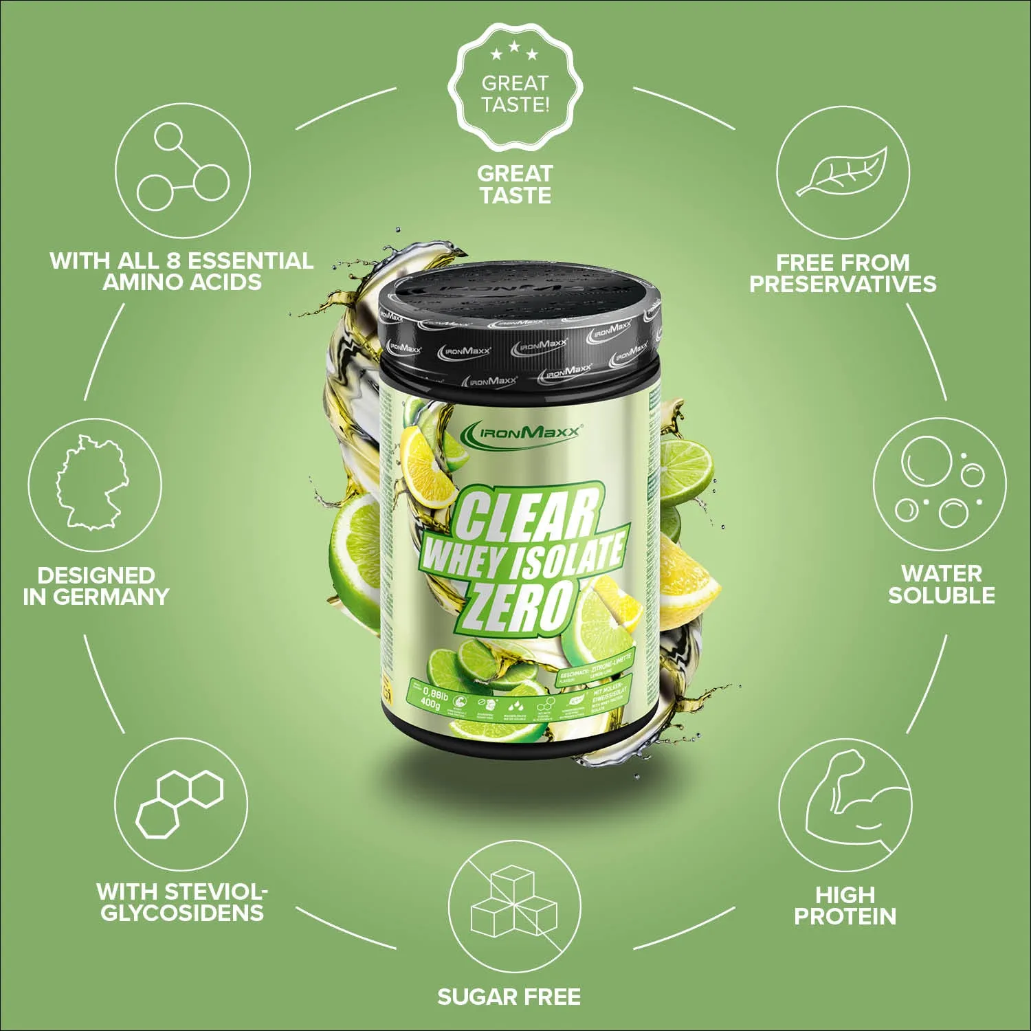 IronMaxx Clear Whey Isolate ZERO Protein Pulver 400g Lemon Lime