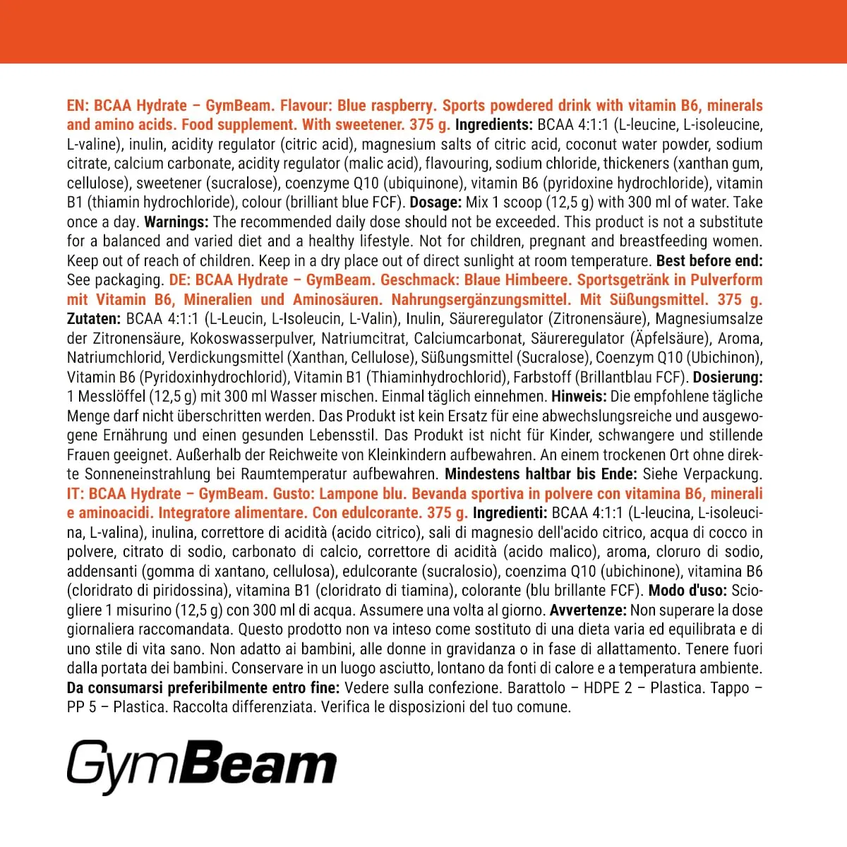 GymBeam BCAA Hydrate Pulver Blaue Himbeere 375 g mit Elektrolyten