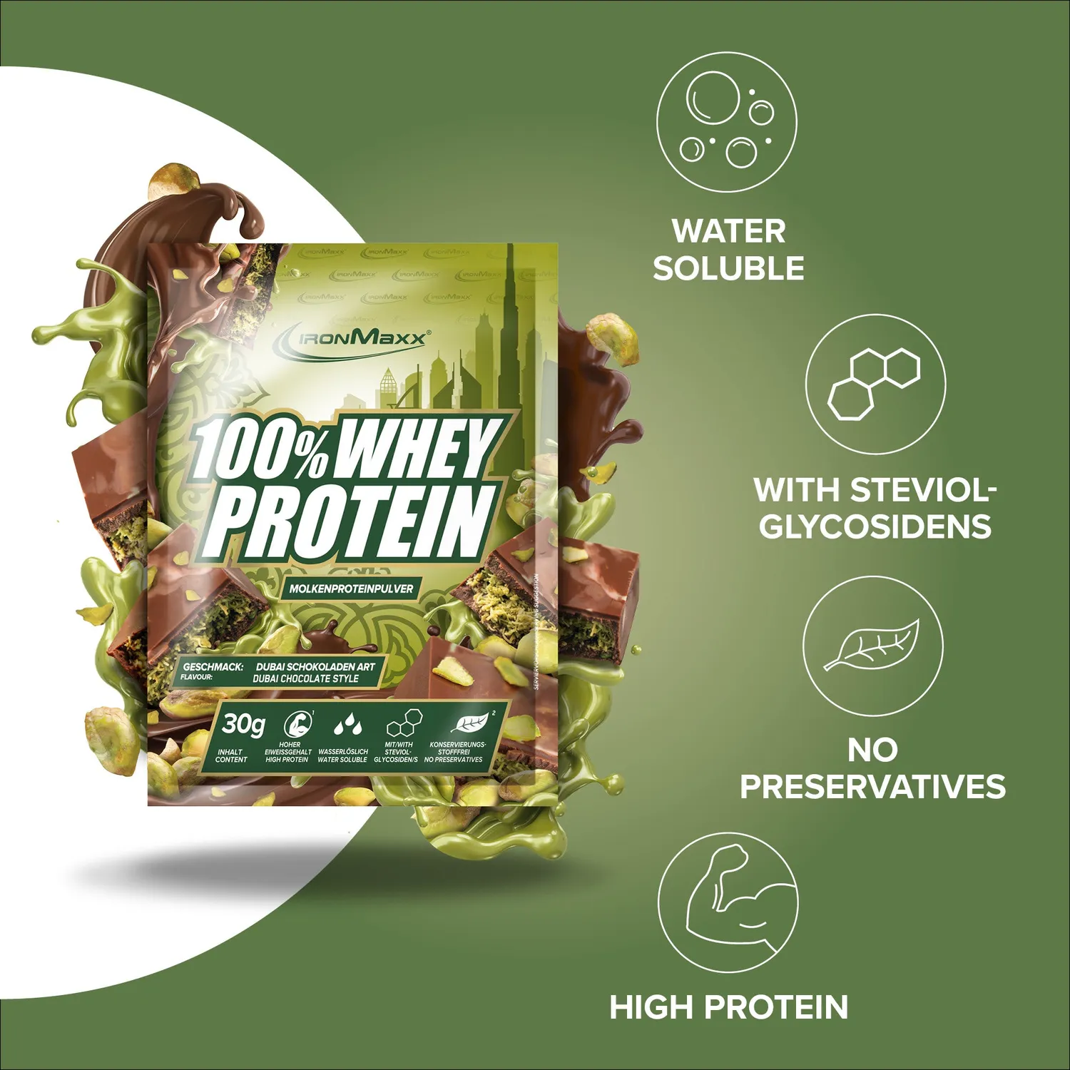 IronMaxx 100% Whey Protein Pulver 30g Dubai Chocolate Style