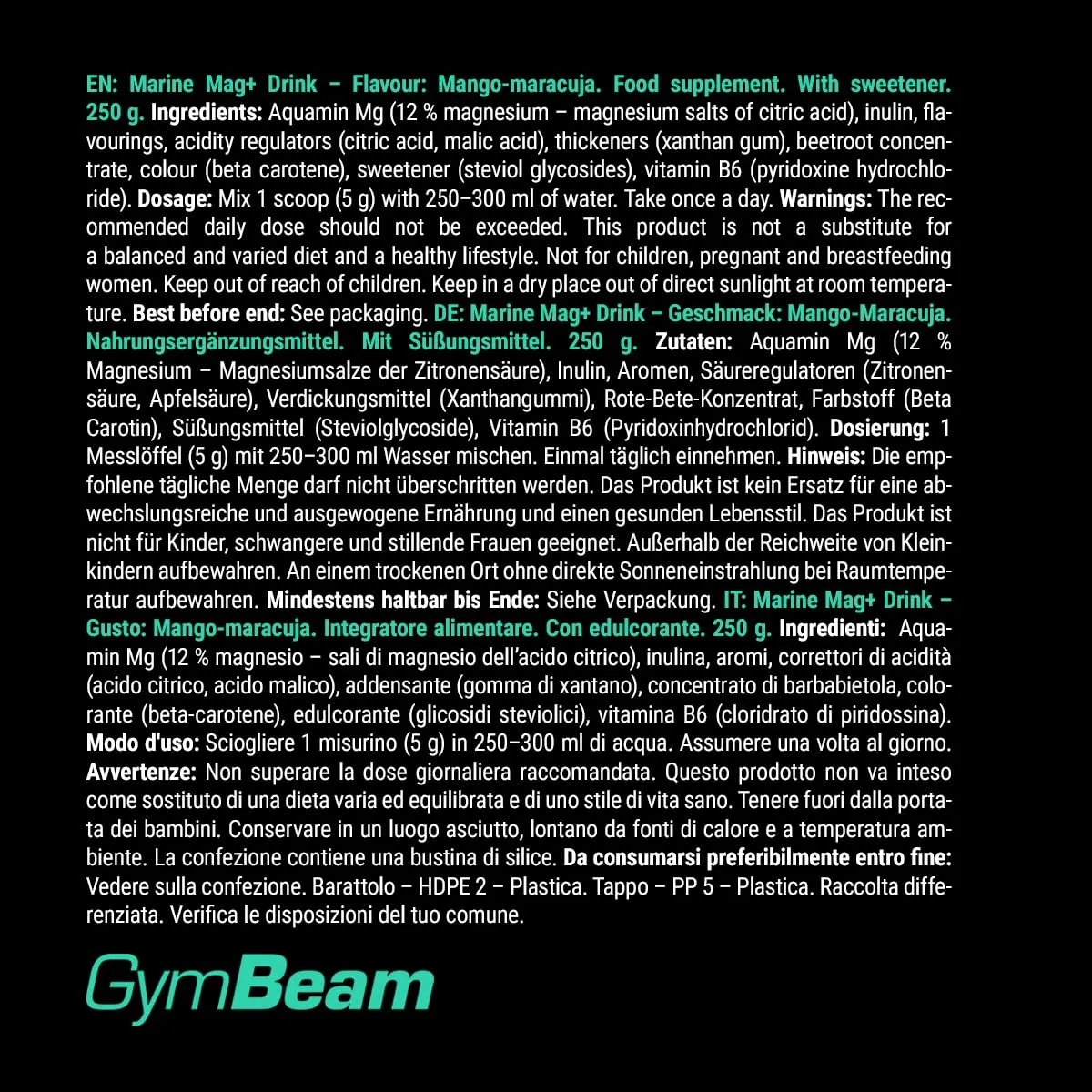 GymBeam Marine Mag+ Drink Magnesium Pulver 250 g mit Stevia