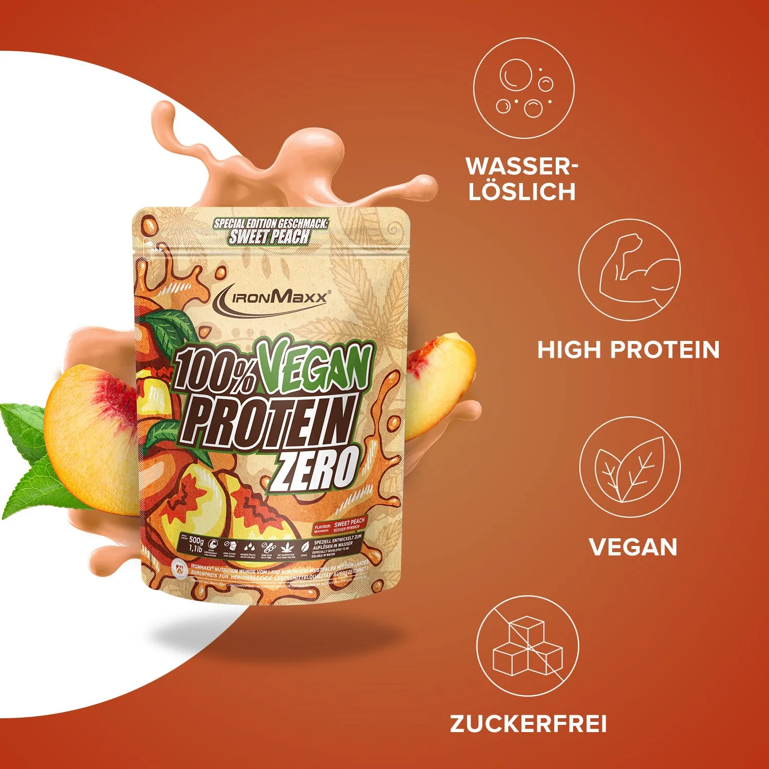 IronMaxx 100% Vegan Protein Zero Proteinpulver 500g Sweet Peach zuckerfrei