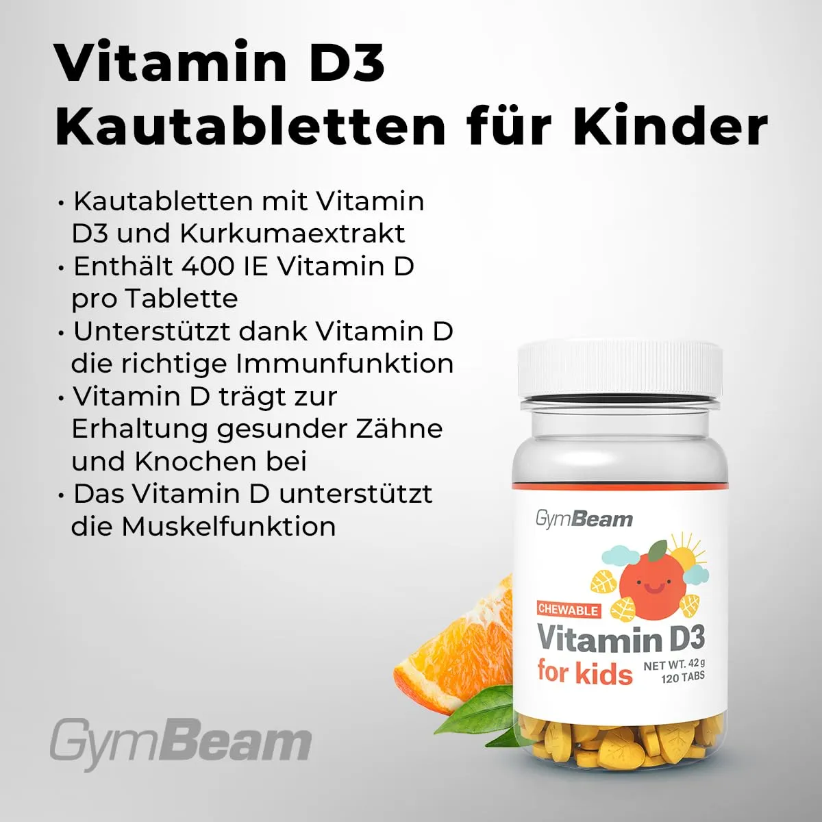 GymBeam Vitamin D3 Kinder Kautabletten 120 Tabs Orange