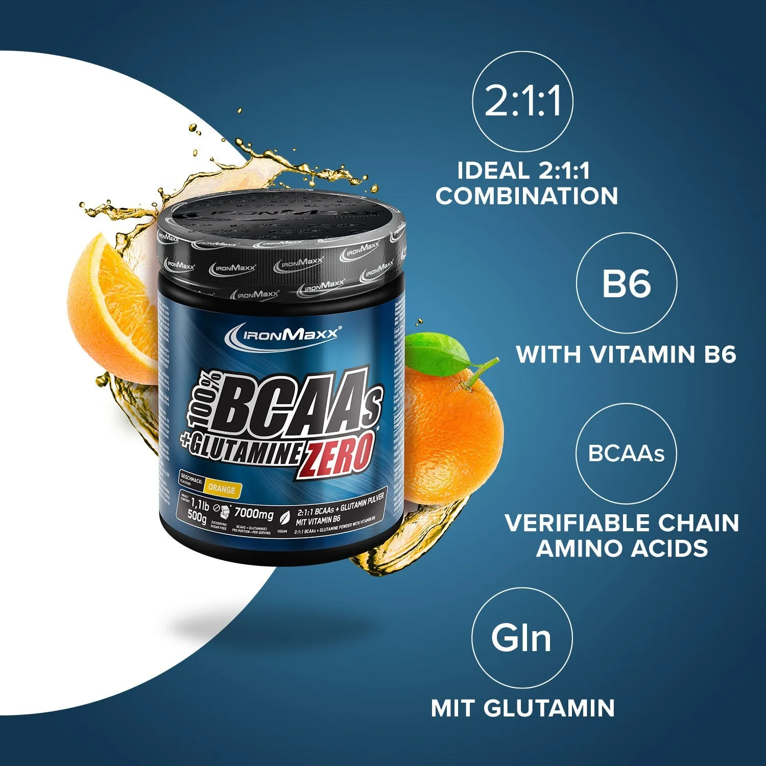 IronMaxx BCAAs + Glutamine Zero Pulver Orange 500g zuckerfrei