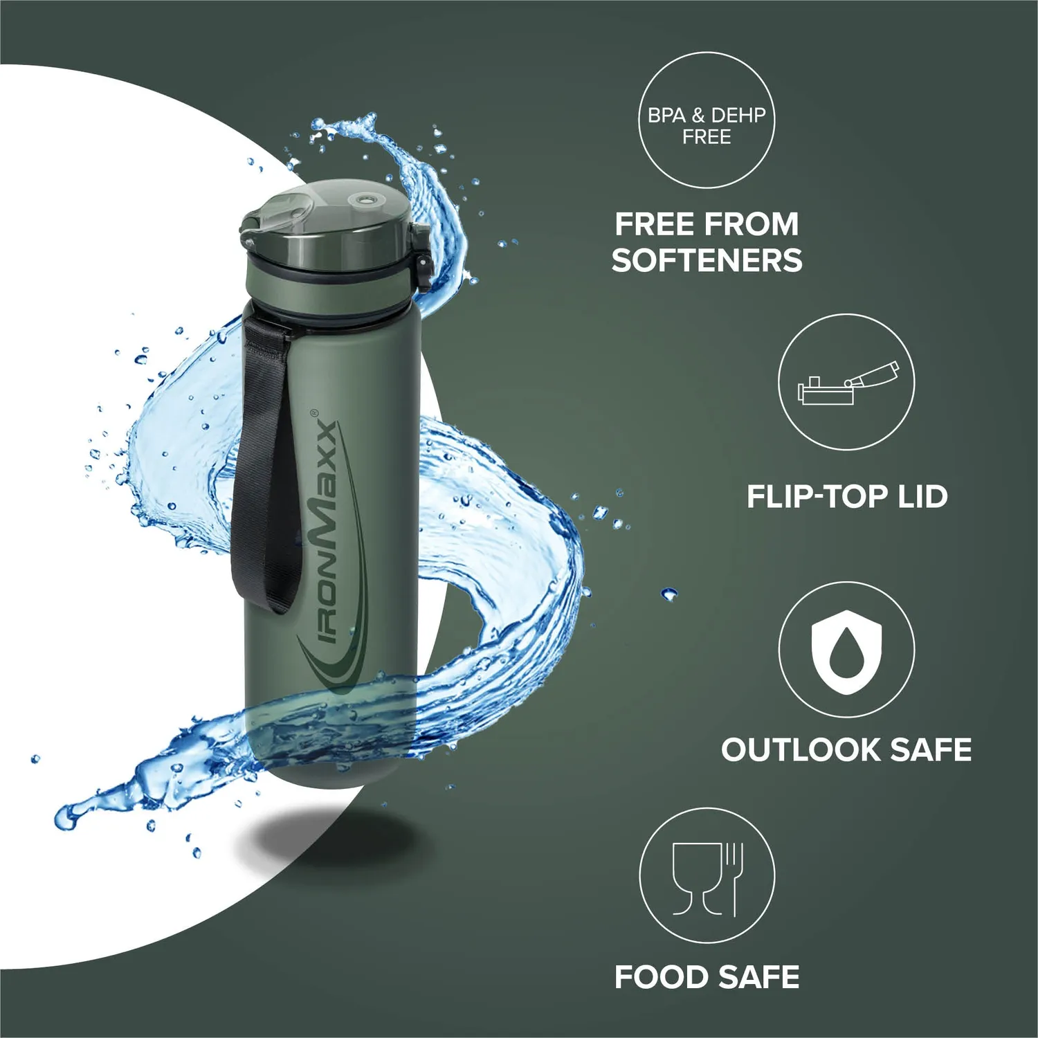 IronMaxx Sport Water Bottle Trinkflasche 1000ml Mineral Green