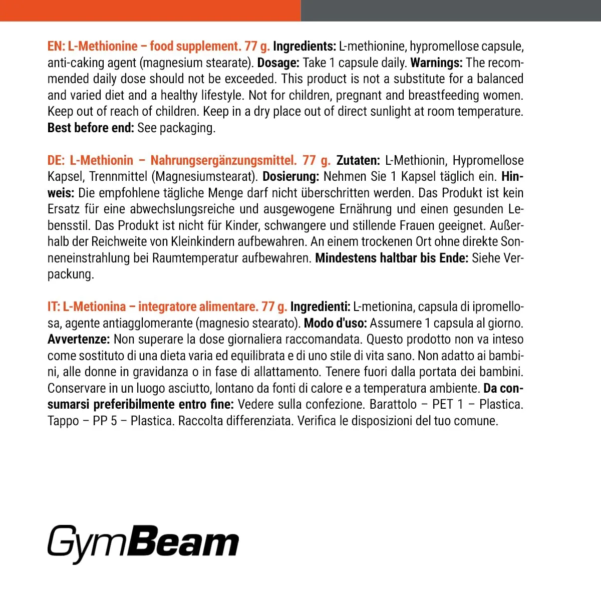GymBeam L-Methionin Kapseln 500 mg 120 Kapseln