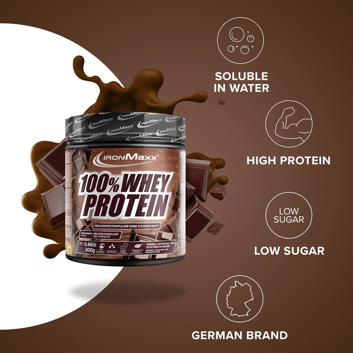 IronMaxx 100% Whey Protein Pulver Milchschokolade 300g zuckerfrei