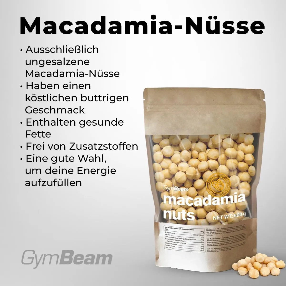 GymBeam Macadamianüsse ungesalzen 500 g veganer Snack