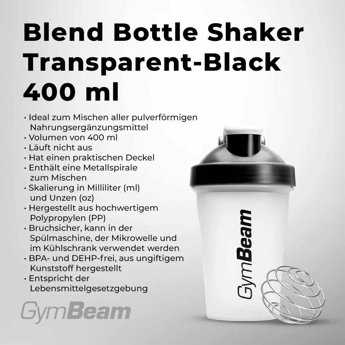 GymBeam Protein Shaker 400ml Transparent mit Spirale