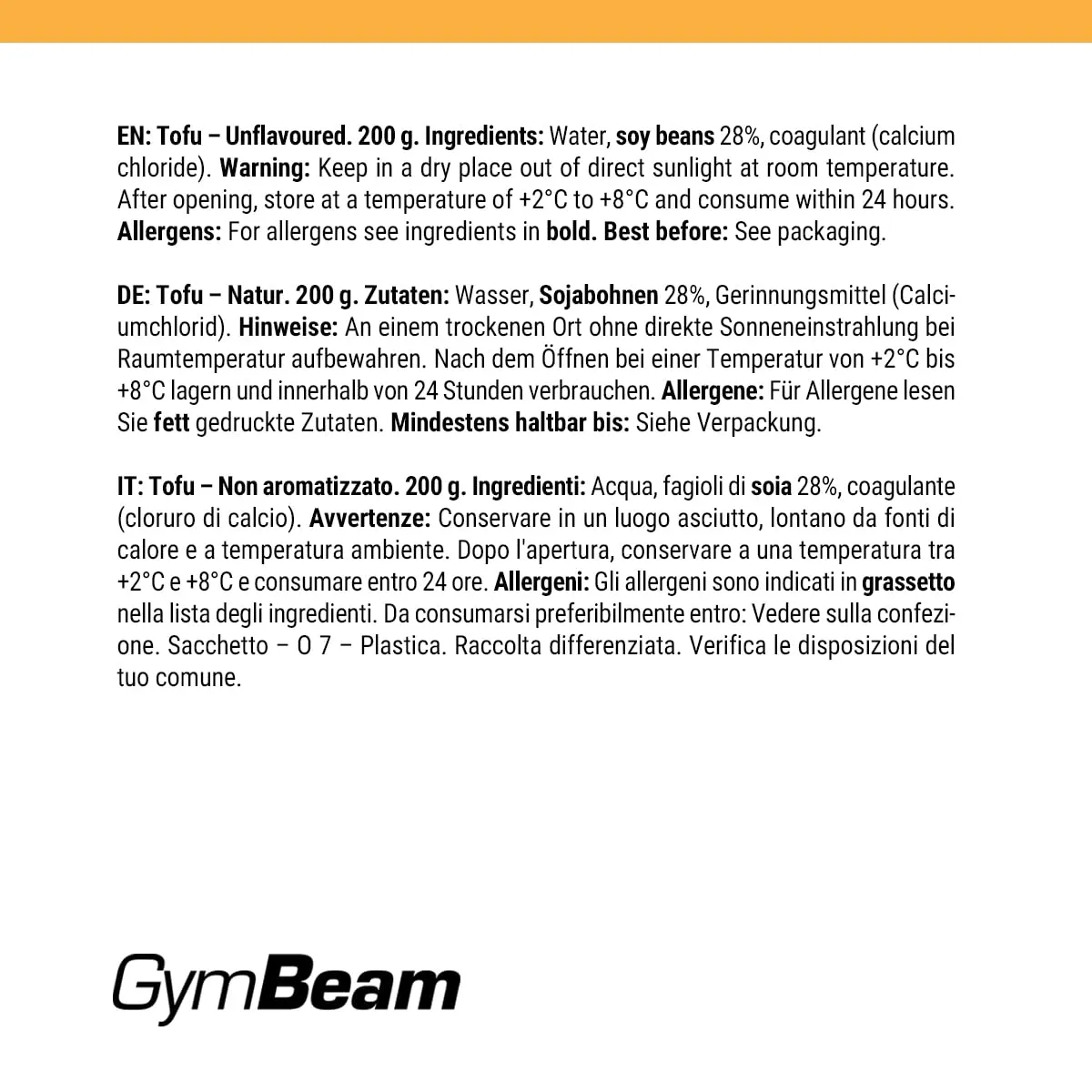 GymBeam Tofu Natur pflanzliches Protein 15x200g zuckerfrei