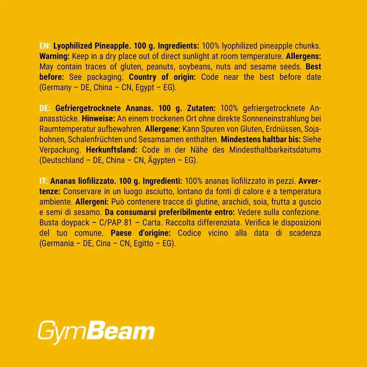 GymBeam gefriergetrocknete Ananas 100g ohne Zucker