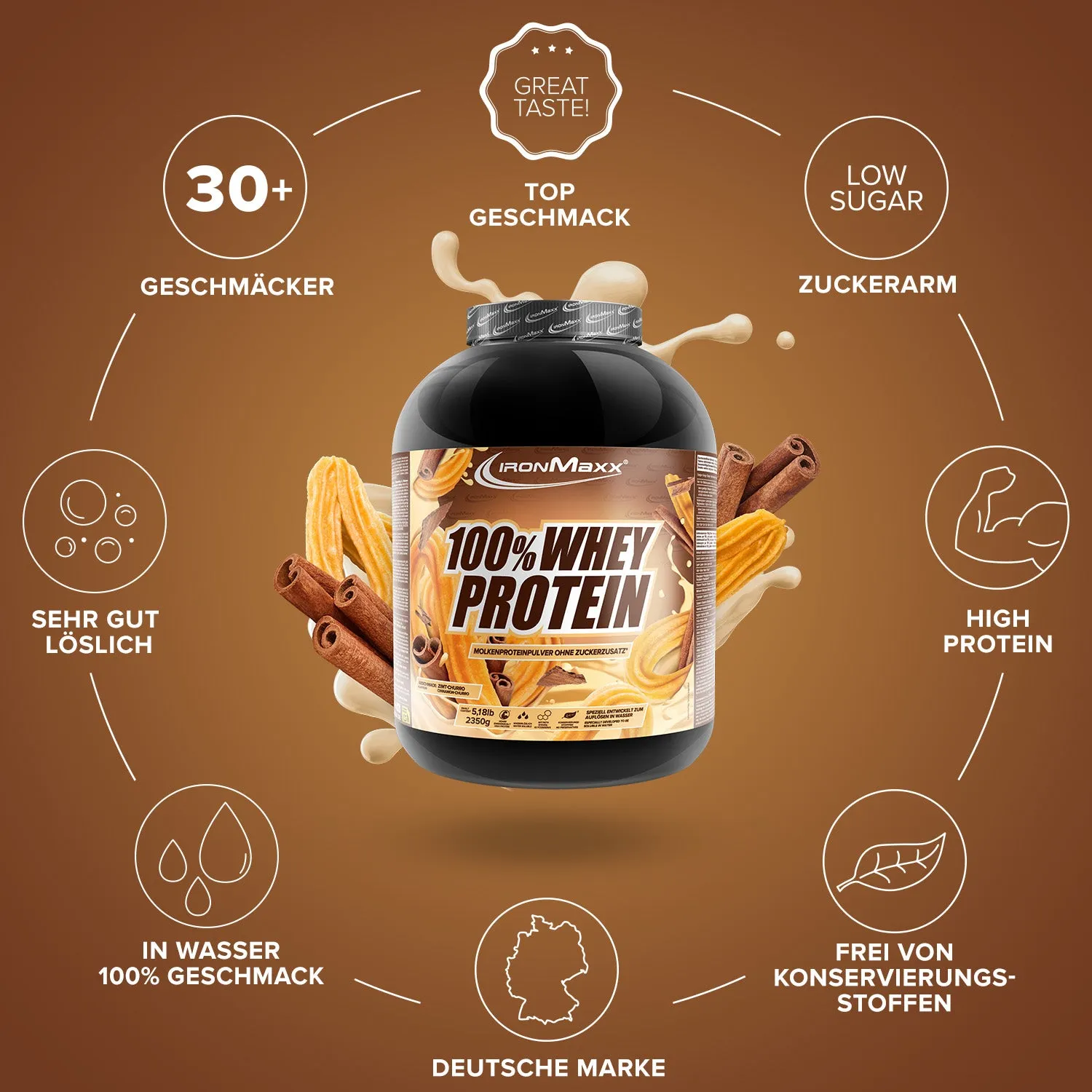 IronMaxx 100% Whey Proteinpulver 2350g Cinnamon Churro zuckerfrei