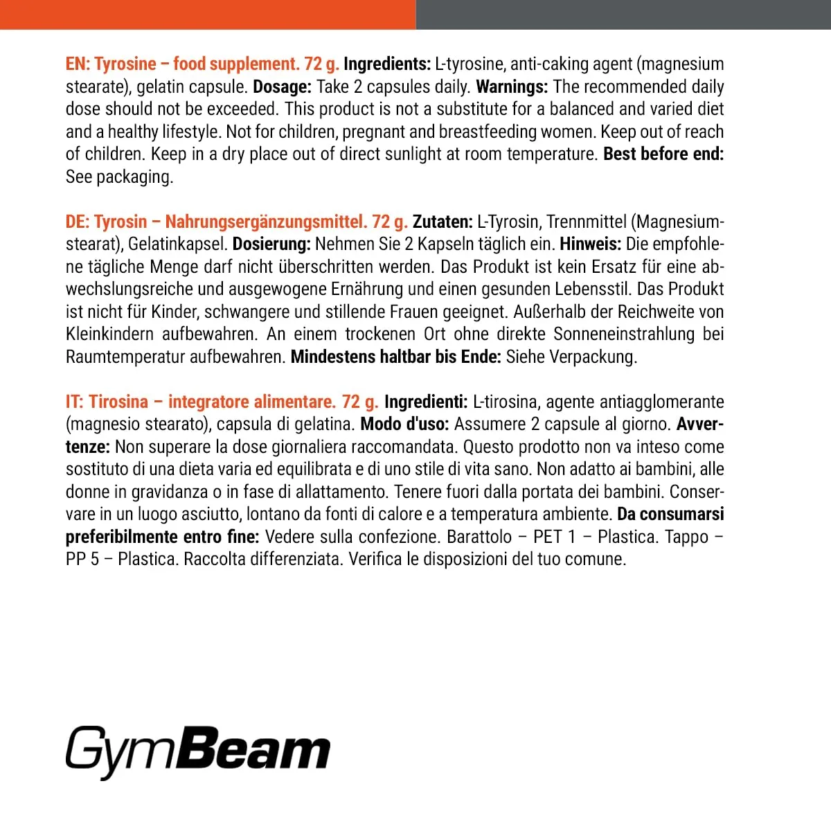 GymBeam L-Tyrosin 1000 mg Kapseln 120 Stück hochdosiert