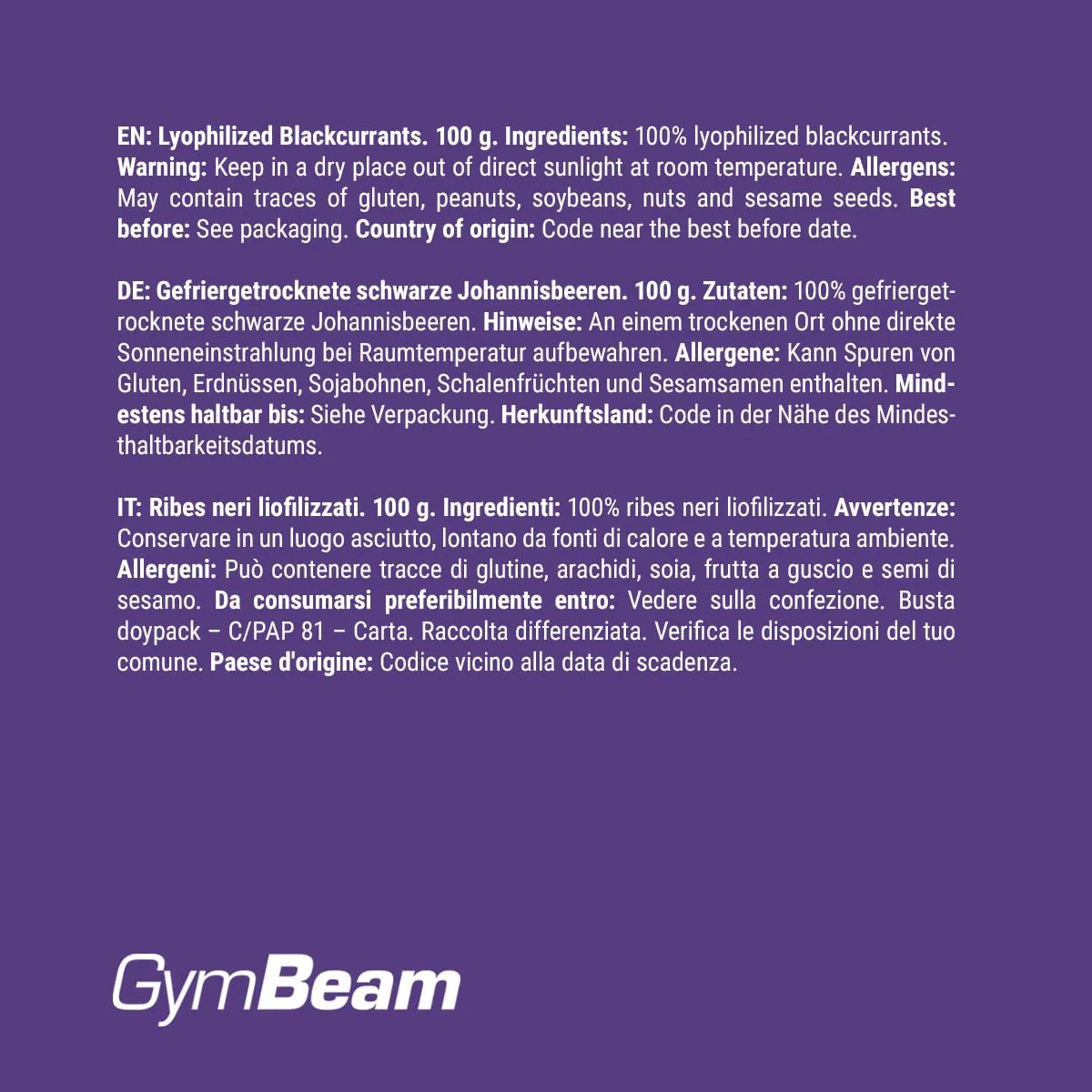 GymBeam Schwarze Johannisbeeren gefriergetrocknet 100g zuckerfrei
