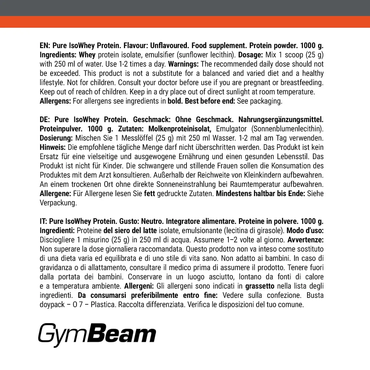 GymBeam Pure IsoWhey Isolat neutral 1000g zuckerarm