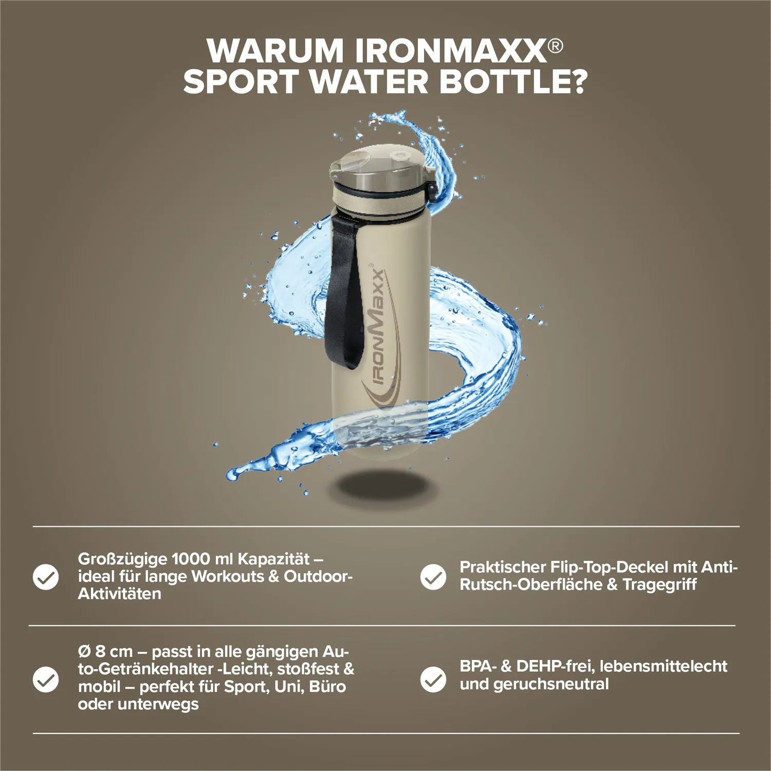 IronMaxx Sport Water Bottle Trinkflasche Sandstone Beige 1000ml