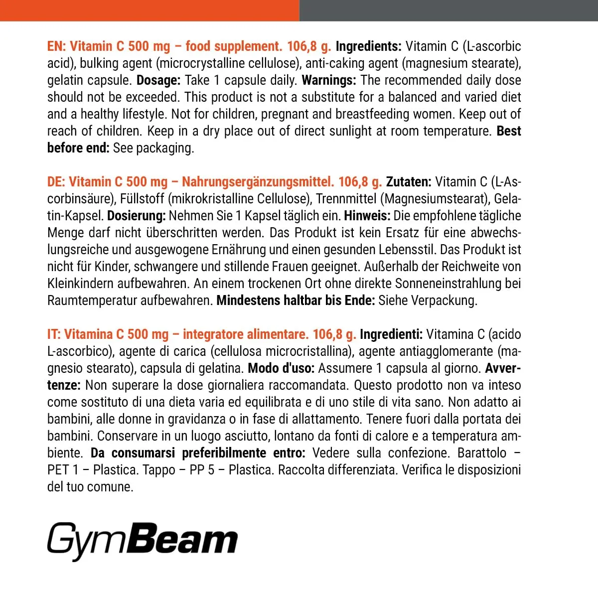 GymBeam Vitamin C 500 mg Kapseln 120 Stk hochdosiert