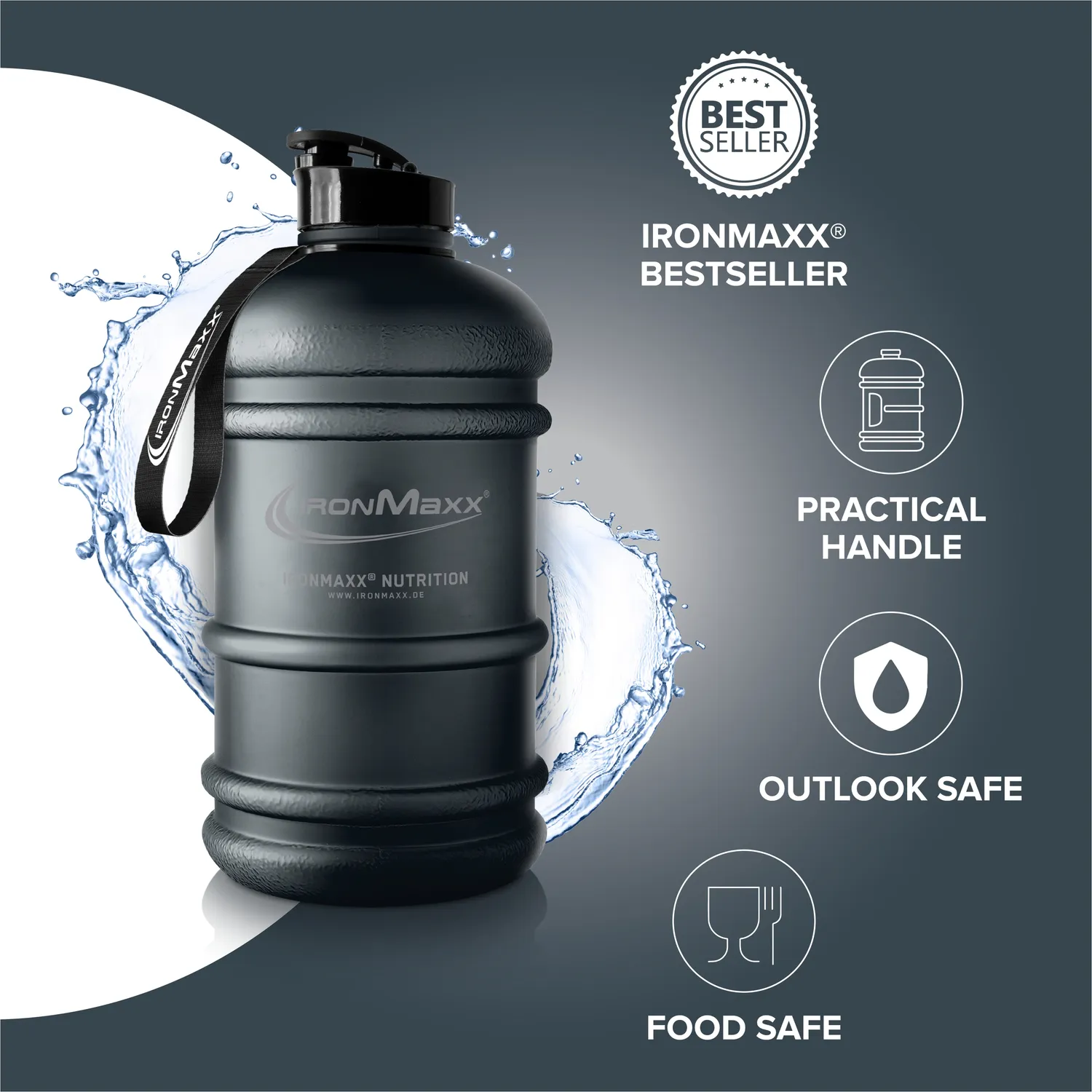 IronMaxx Water Gallon Trinkflasche 2200ml Deep Black BPA-frei