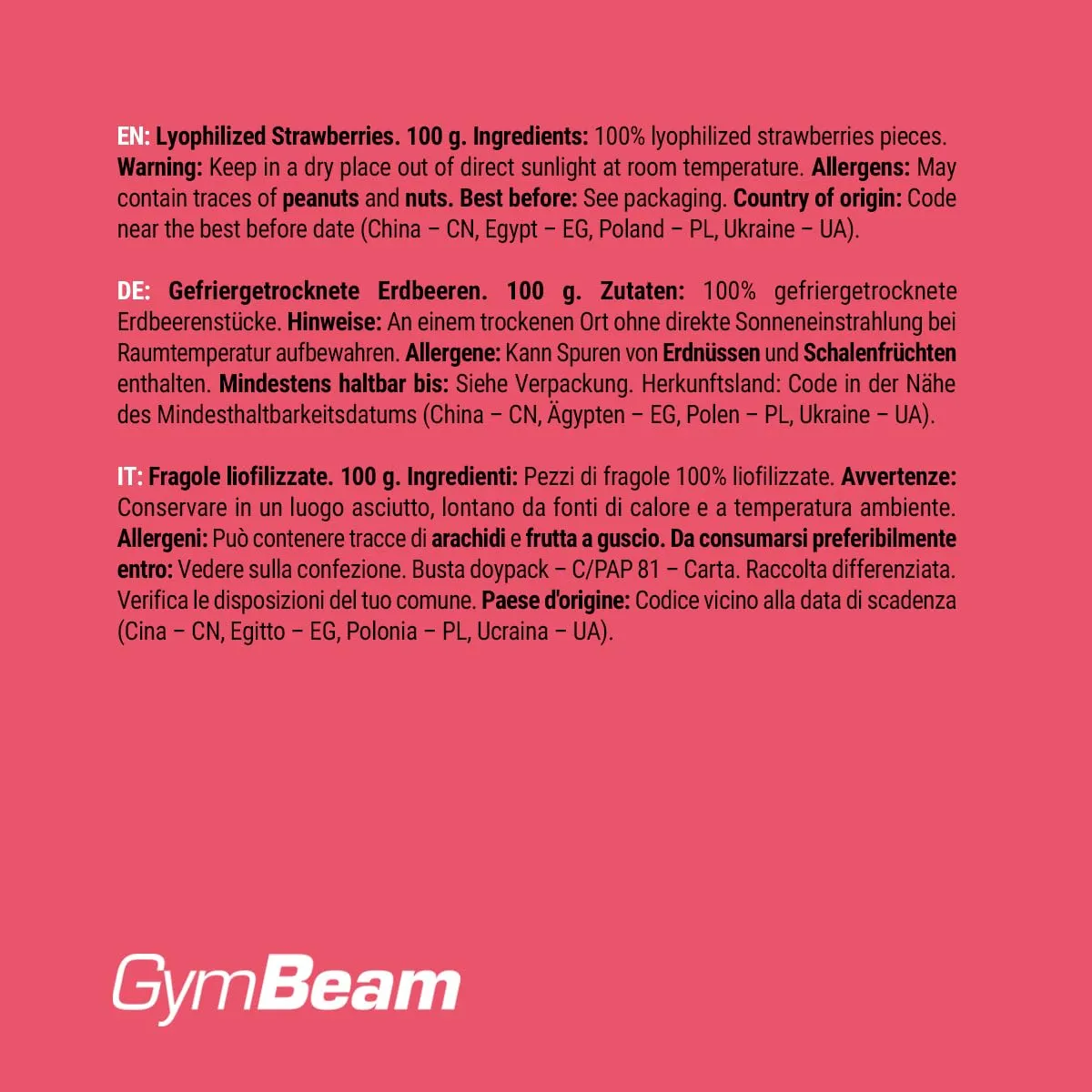 GymBeam Gefriergetrocknete Erdbeeren 100g zuckerfrei