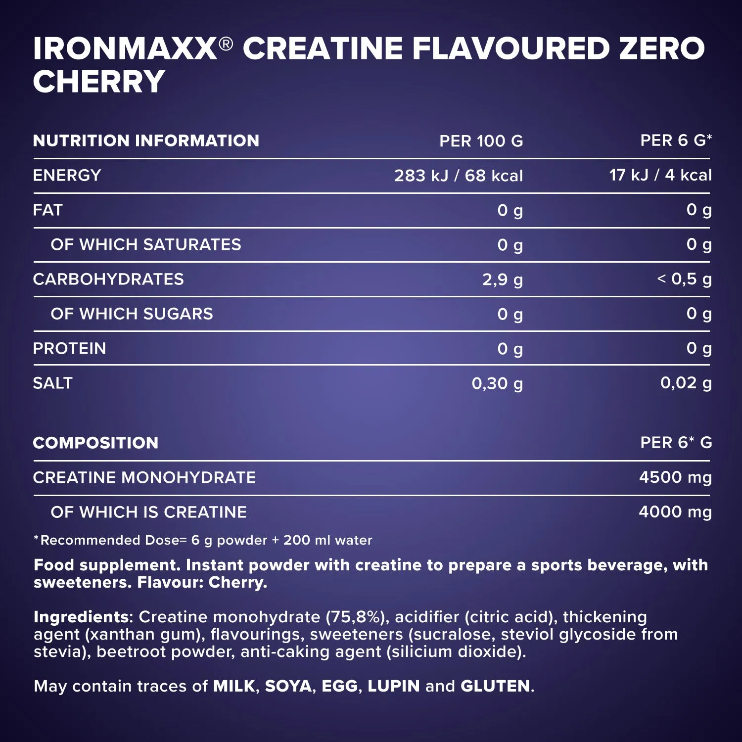 IronMaxx Creatine Flavoured Zero Pulver 500g Kirsche zuckerfrei