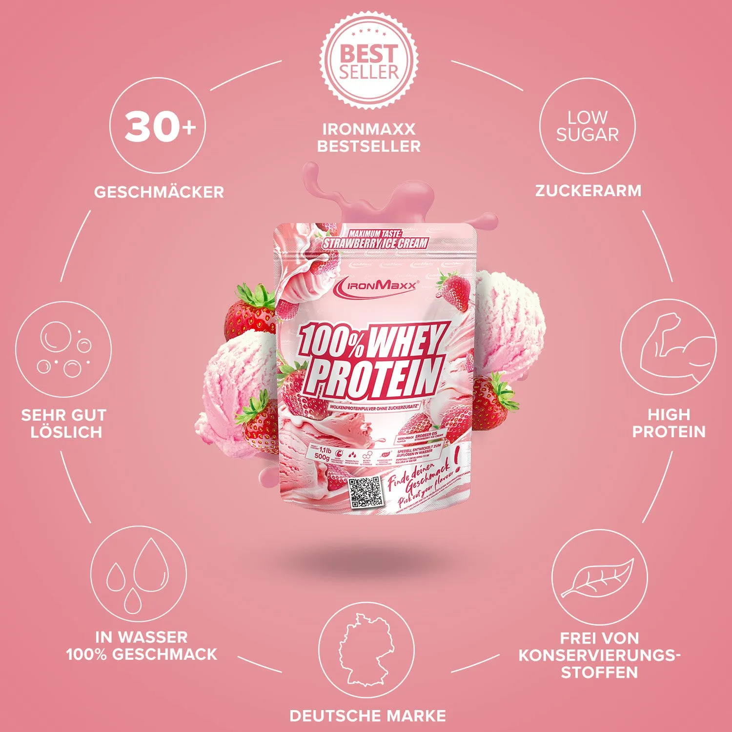 IronMaxx 100% Whey Protein Strawberry Pulver 500 g 80% Eiweiß