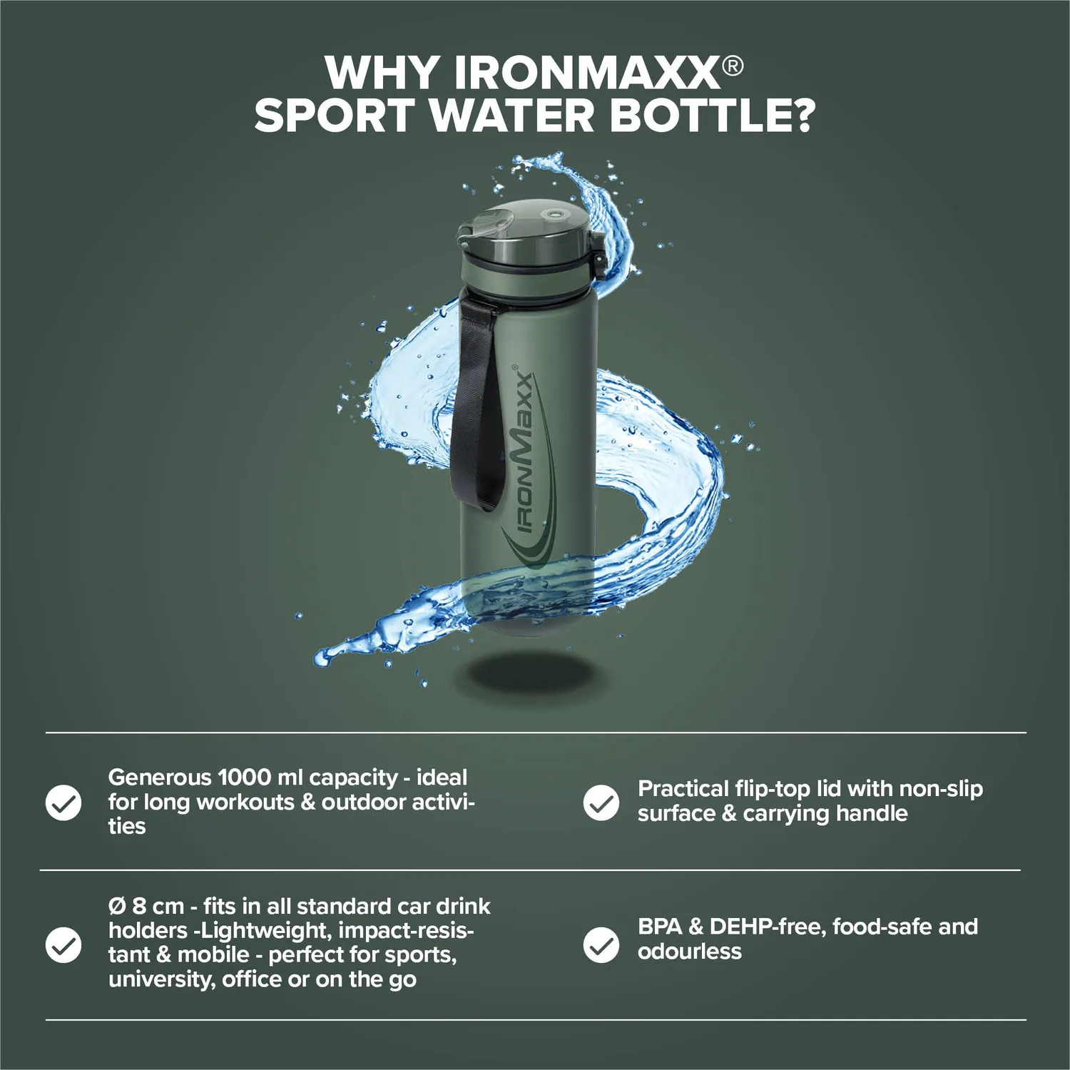 IronMaxx Sport Water Bottle Trinkflasche 1000ml Mineral Green
