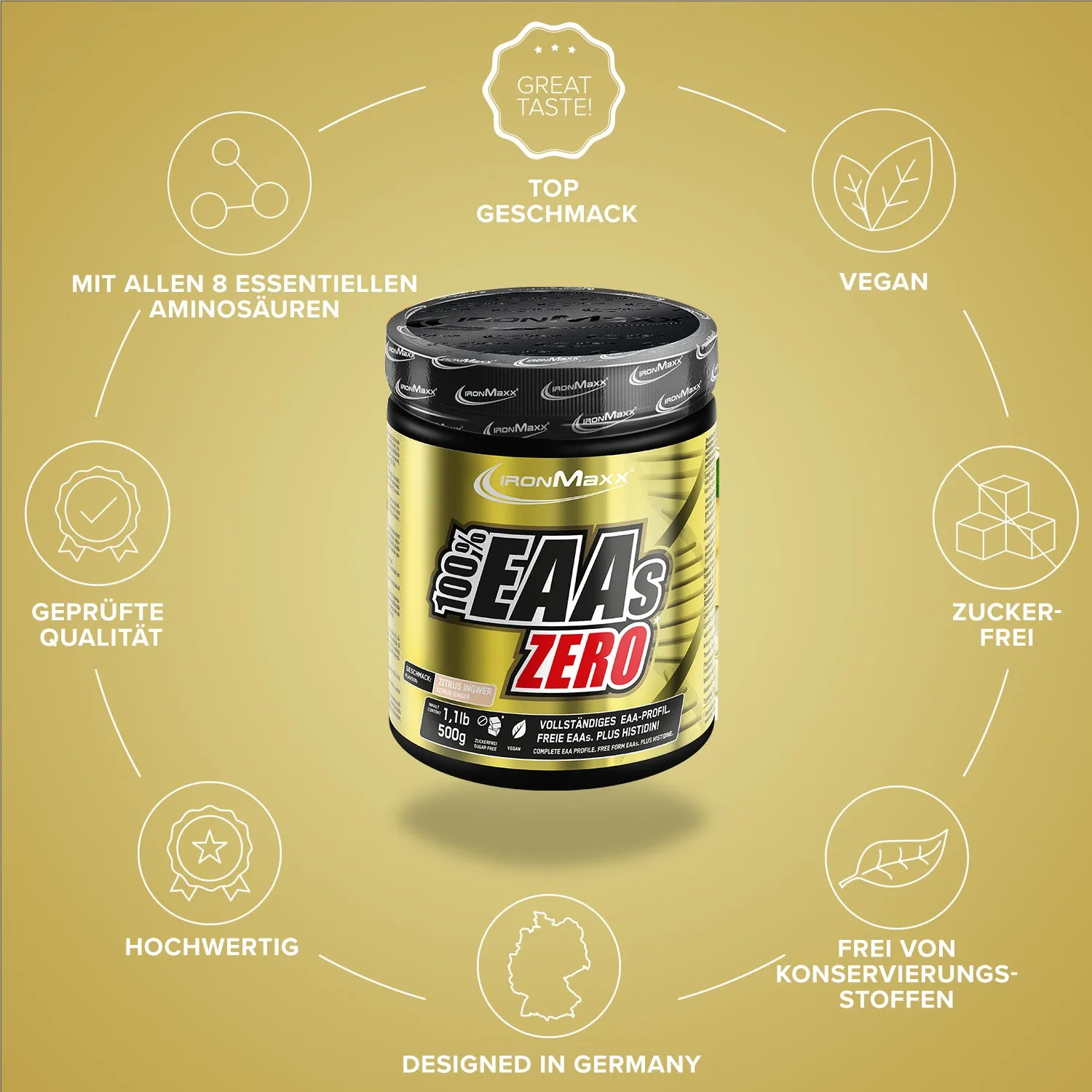 IronMaxx 100% EAAs Zero EAA Pulver 500g Zitrus-Ingwer vegan