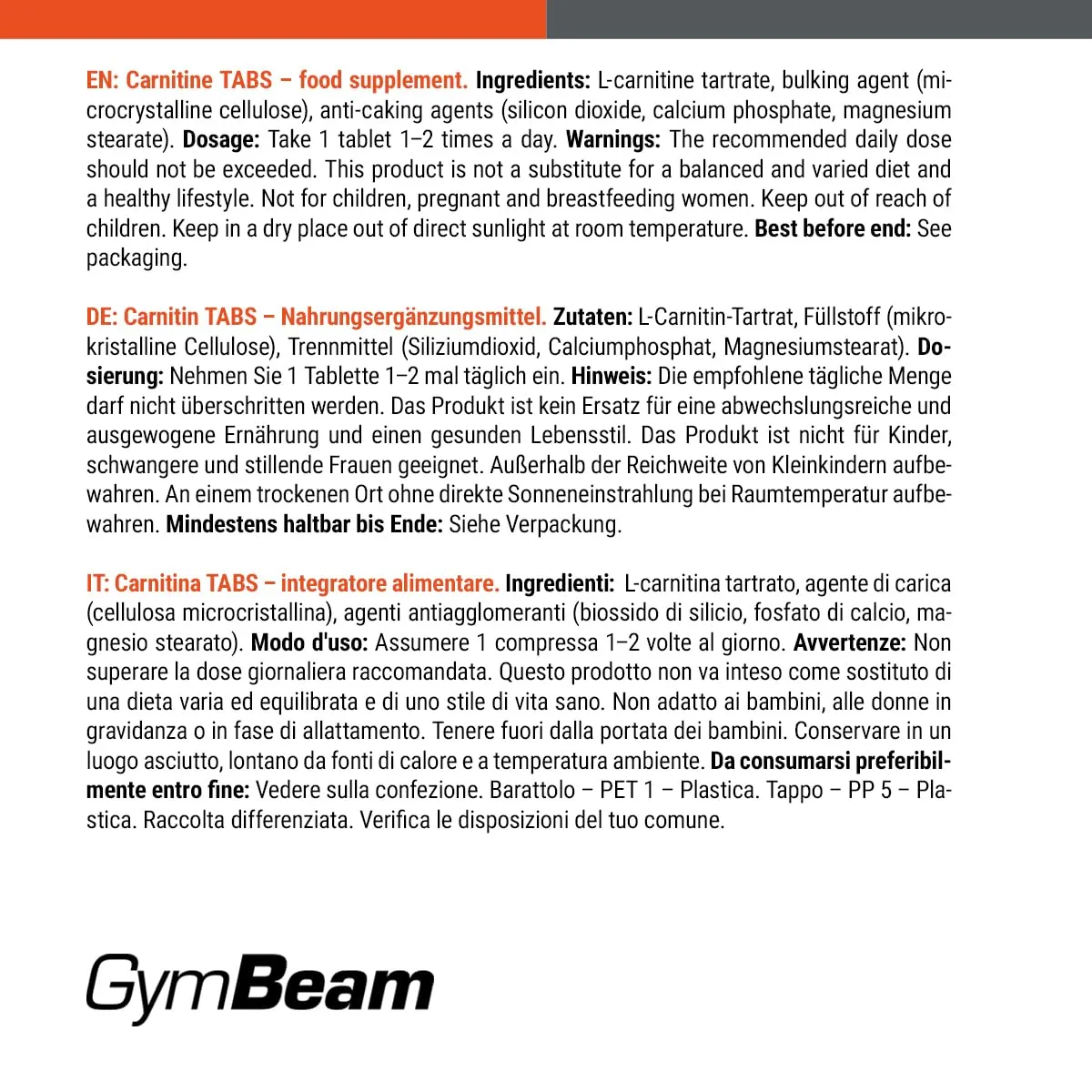 GymBeam L-Carnitin Tabs Tabletten 180 Stk 2000 mg