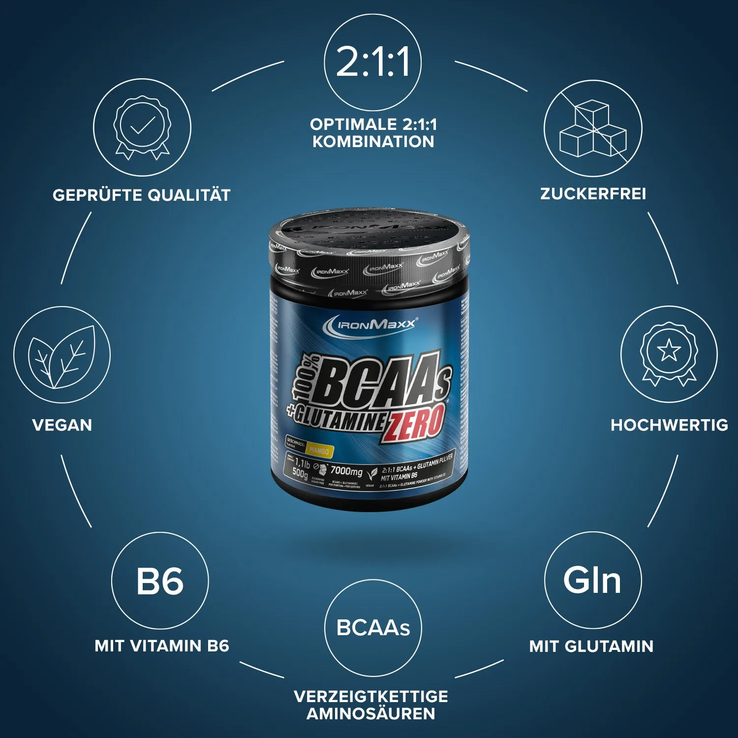 IronMaxx 100% BCAAs + Glutamine Zero Pulver 500g Mango zuckerfrei