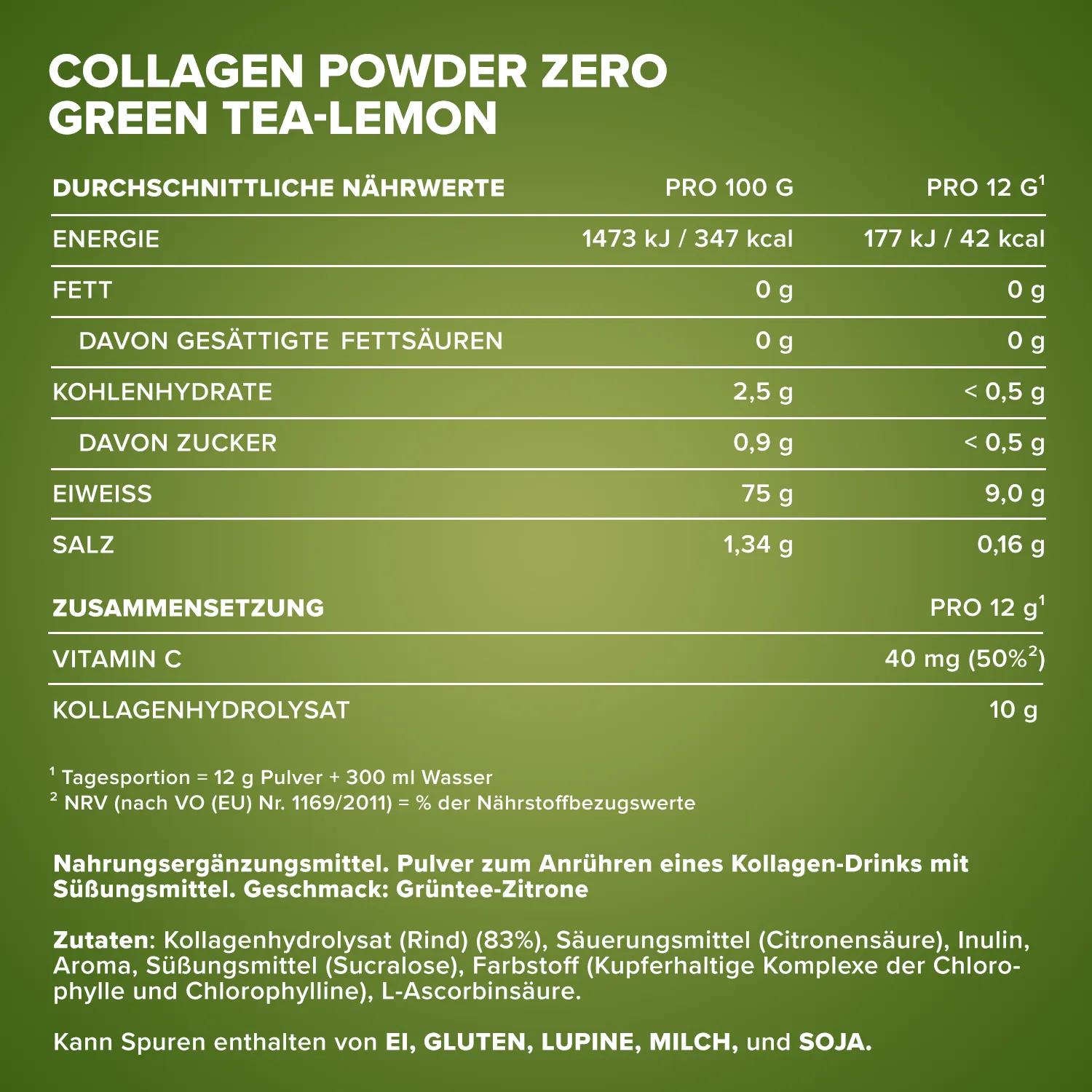 IronMaxx Collagen Powder Zero Kollagen Pulver 250g Grüntee-Zitrone